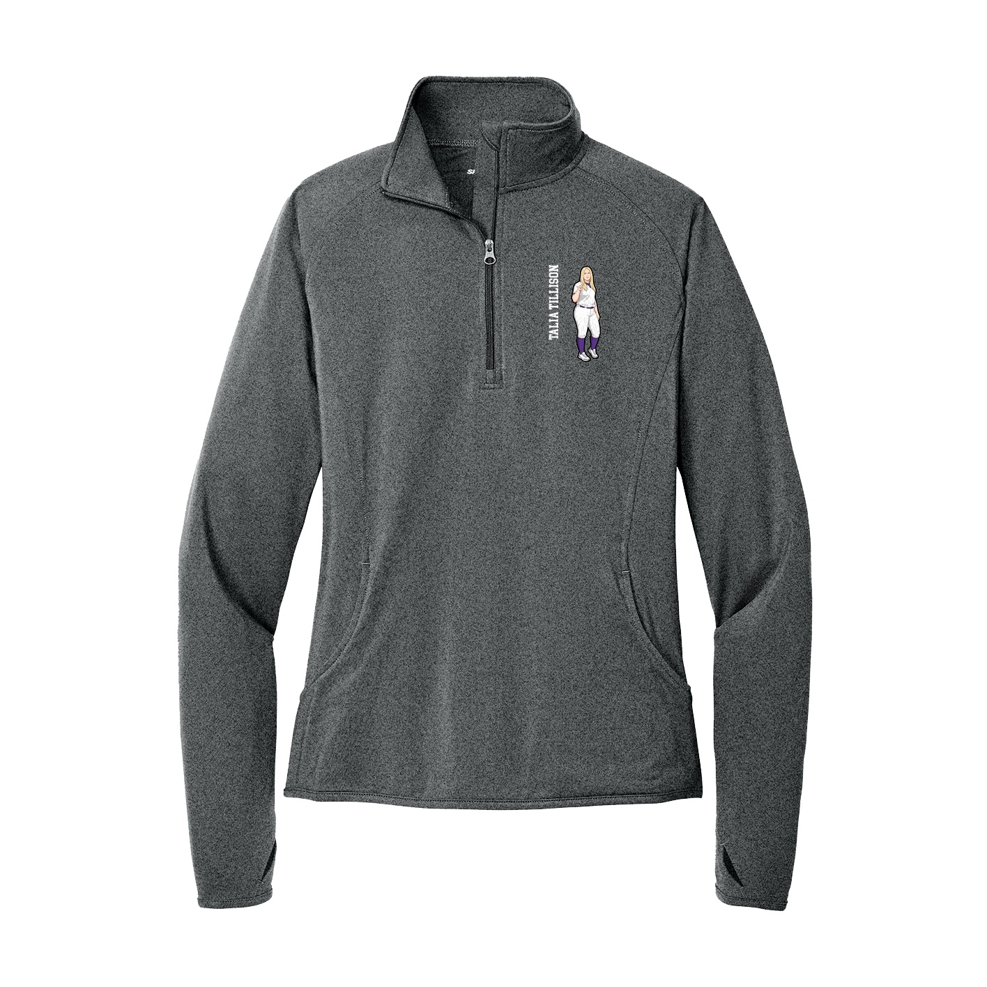 Women's Q-Zip Pullover — Name Vertical in Grey