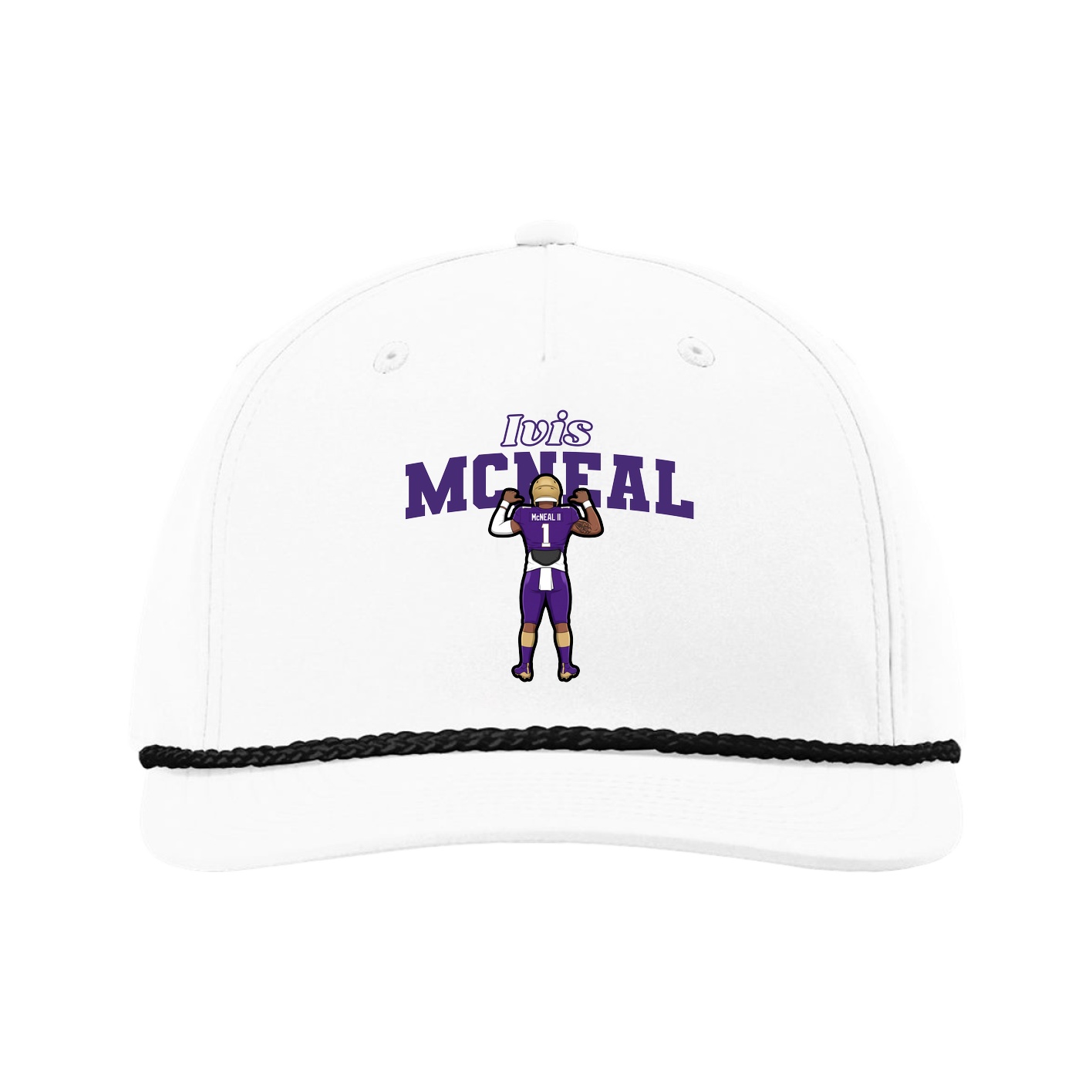Five-Panel Classic Rope Cap — Name Arch in White