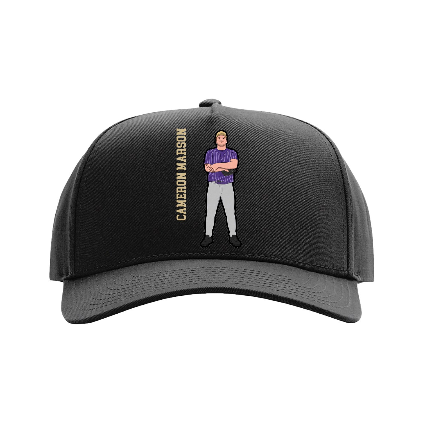 Full Fabric Five-Panel Champ Cap — Name Vertical in Black