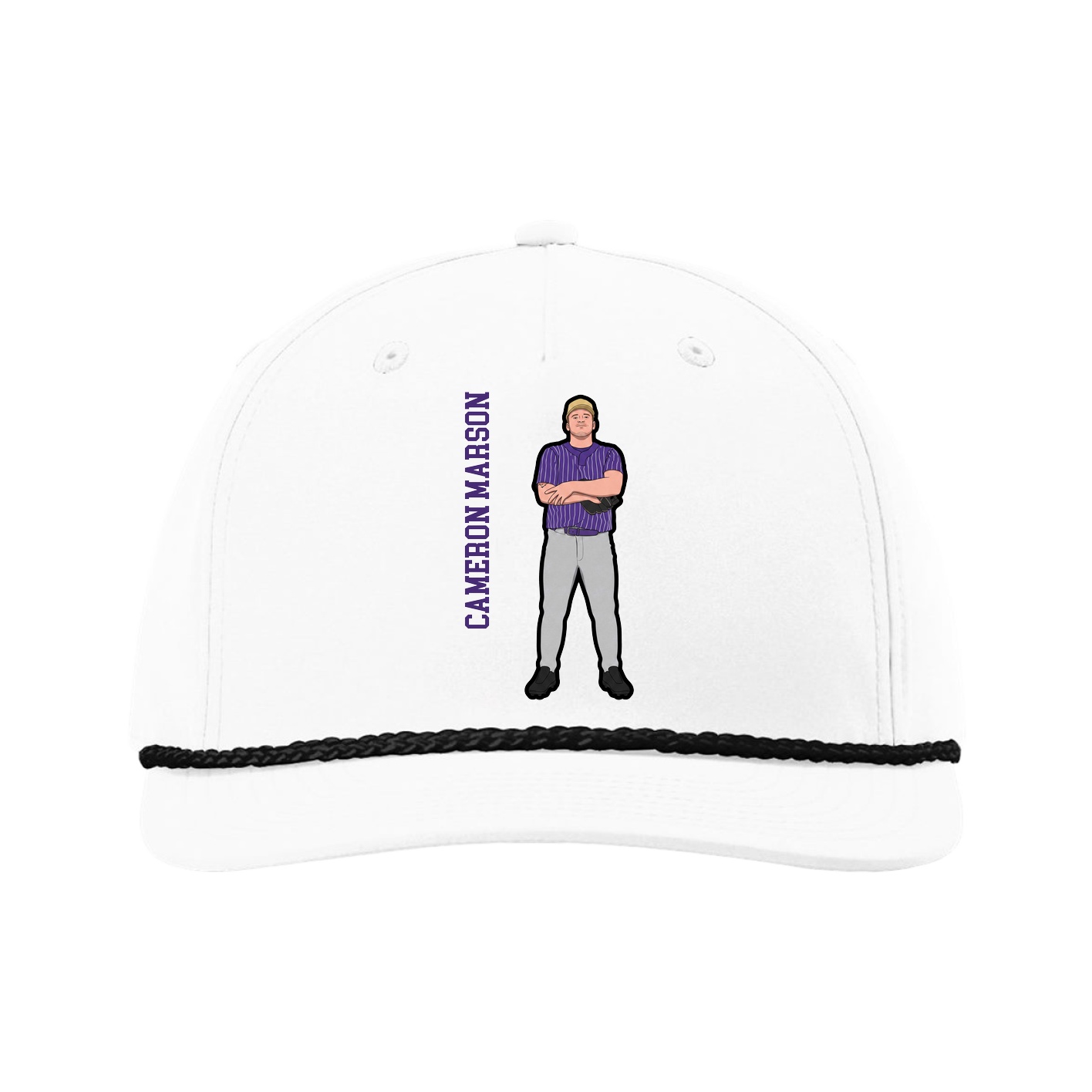 Five-Panel Classic Rope Cap — Name Vertical in White