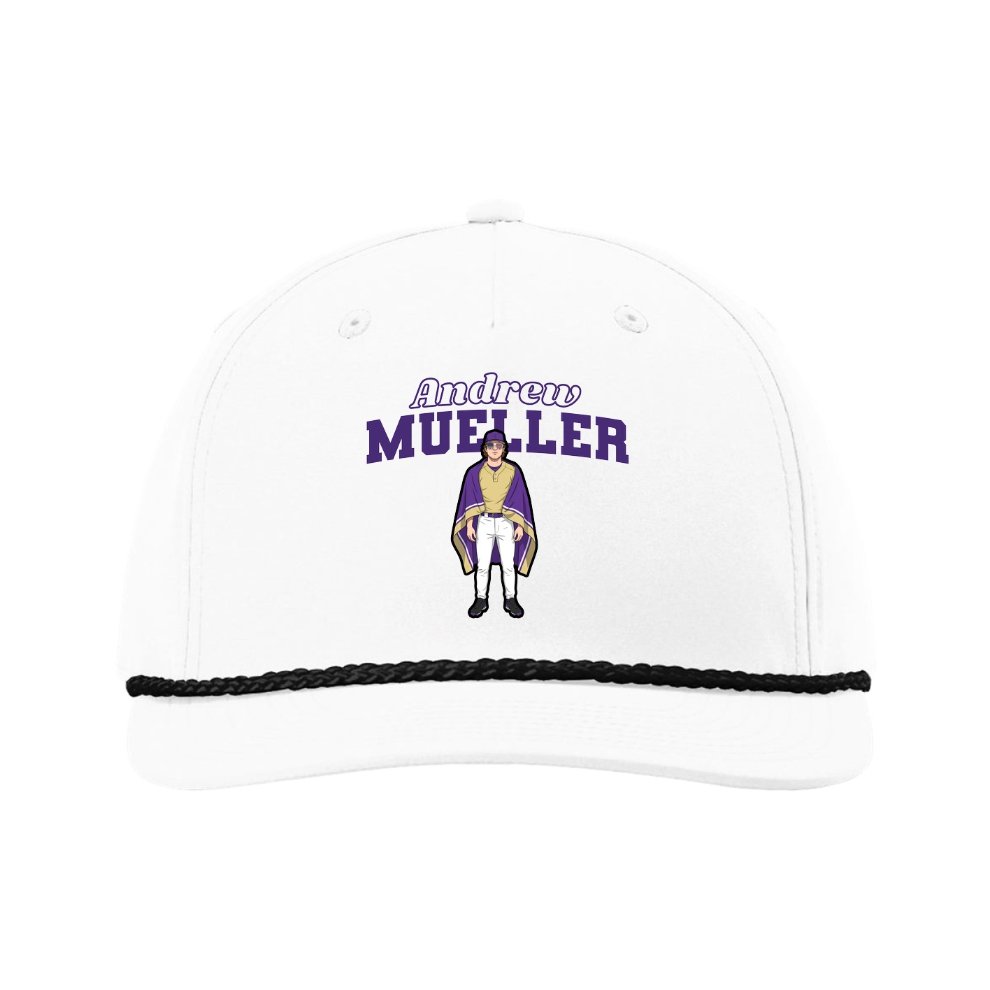 Five-Panel Classic Rope Cap — Name Arch in White