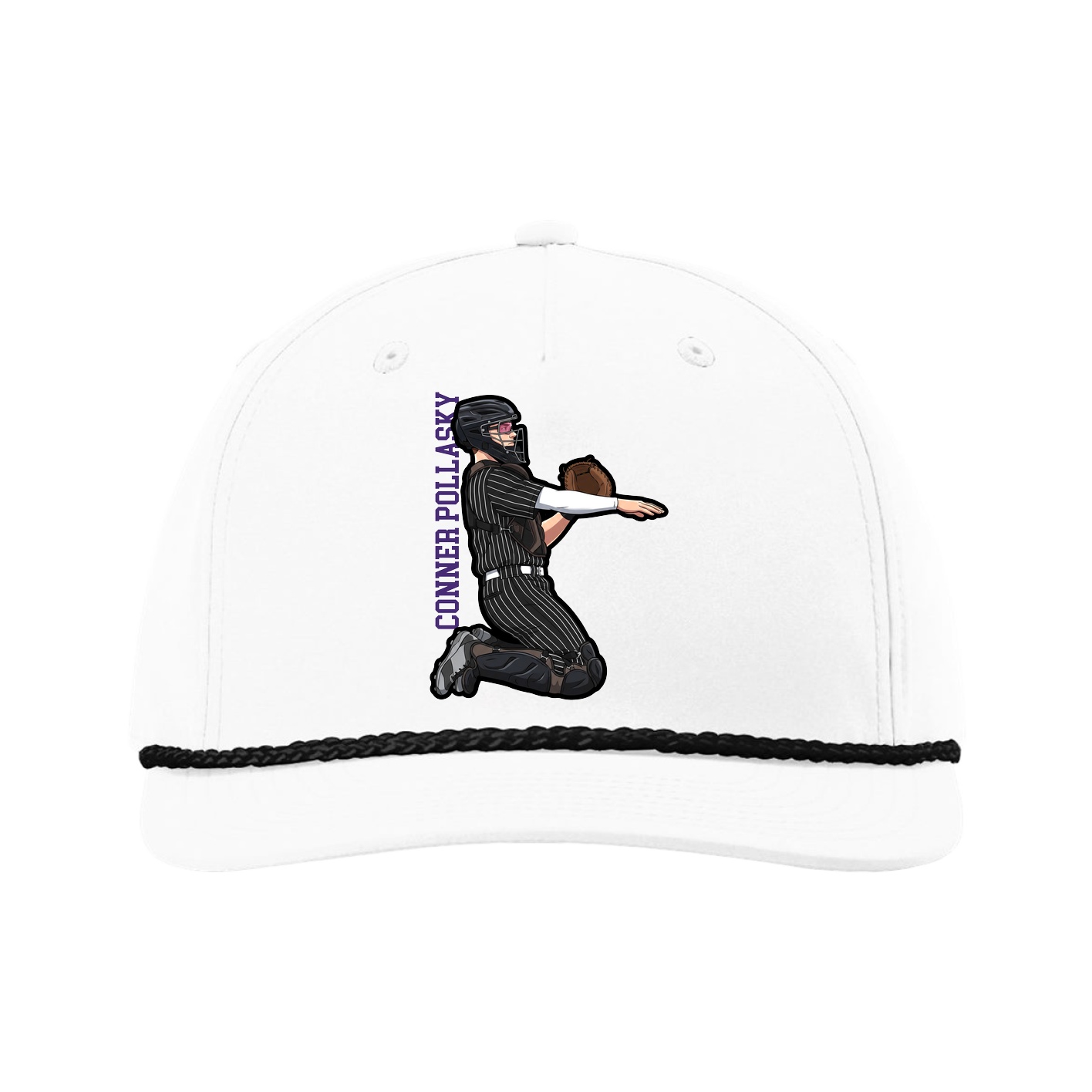 Five-Panel Classic Rope Cap — Name Vertical in White