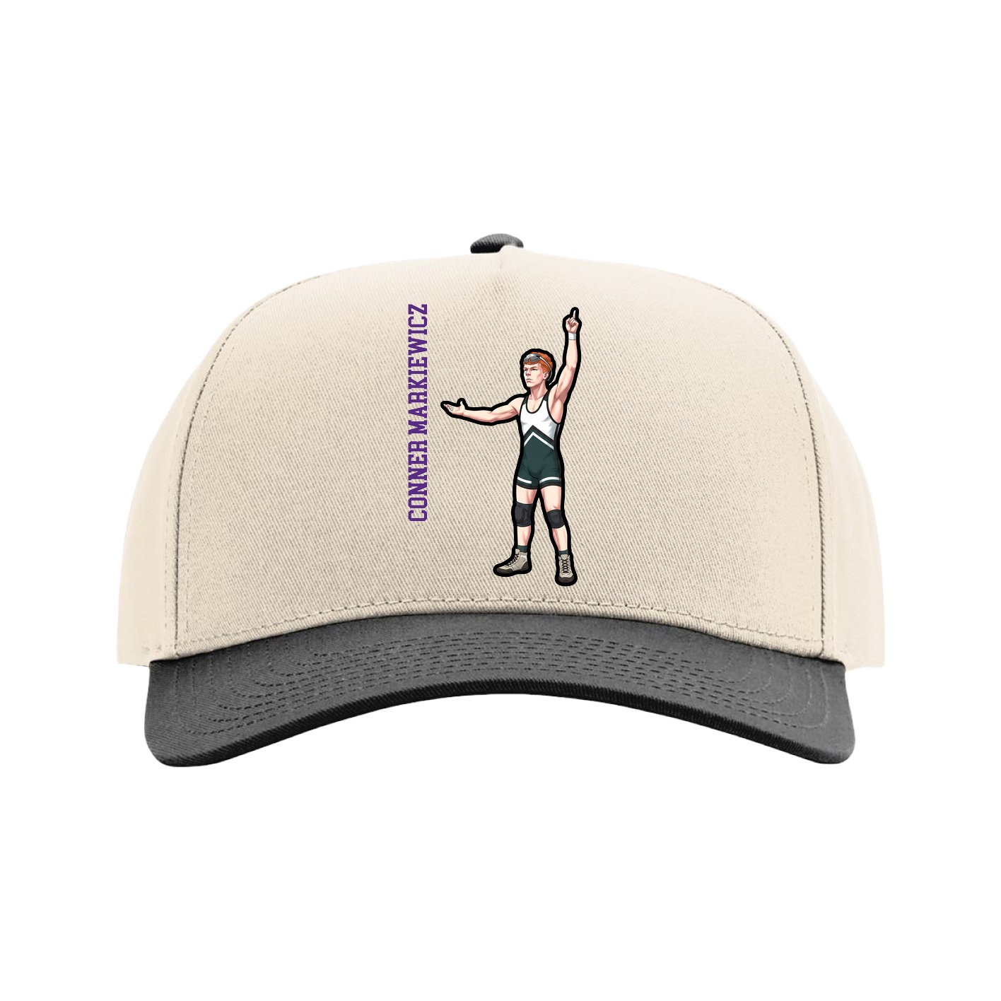 Full Fabric Five-Panel Champ Cap — Name Vertical in Cream/Black