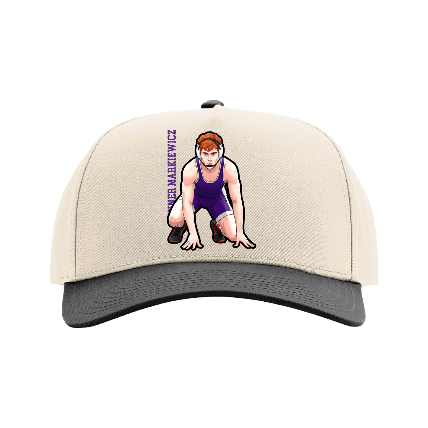 Full Fabric Five-Panel Champ Cap — Name Vertical in Cream/Black