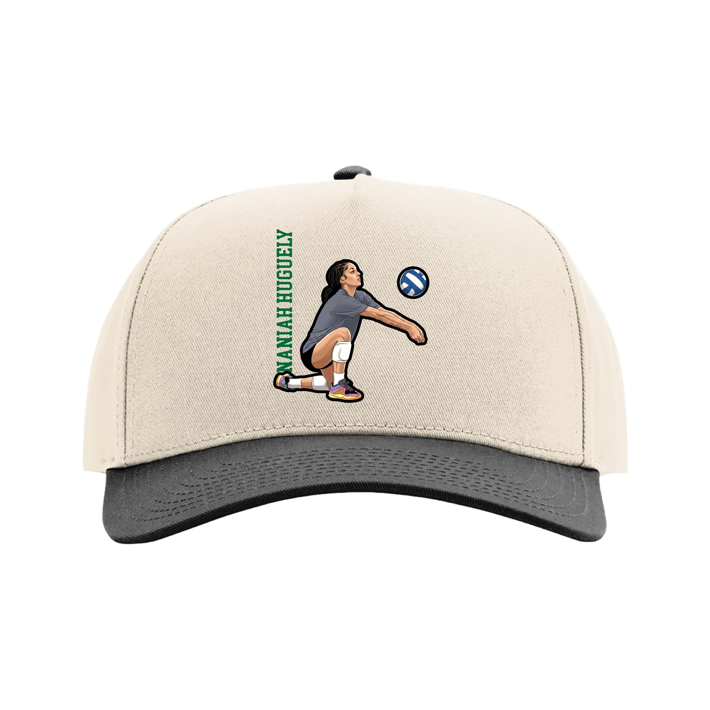 Full Fabric Five-Panel Champ Cap — Name Vertical in Cream/Black