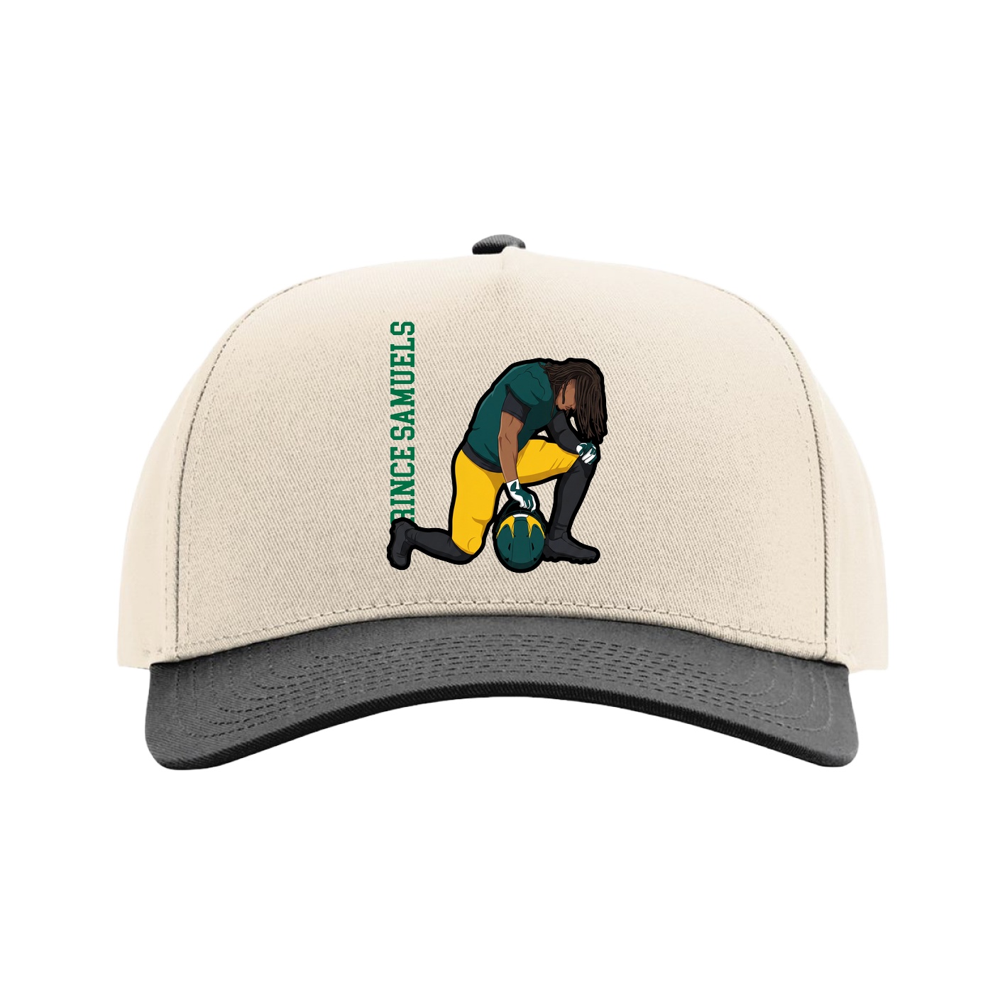 Full Fabric Five-Panel Champ Cap — Name Vertical in Cream/Black