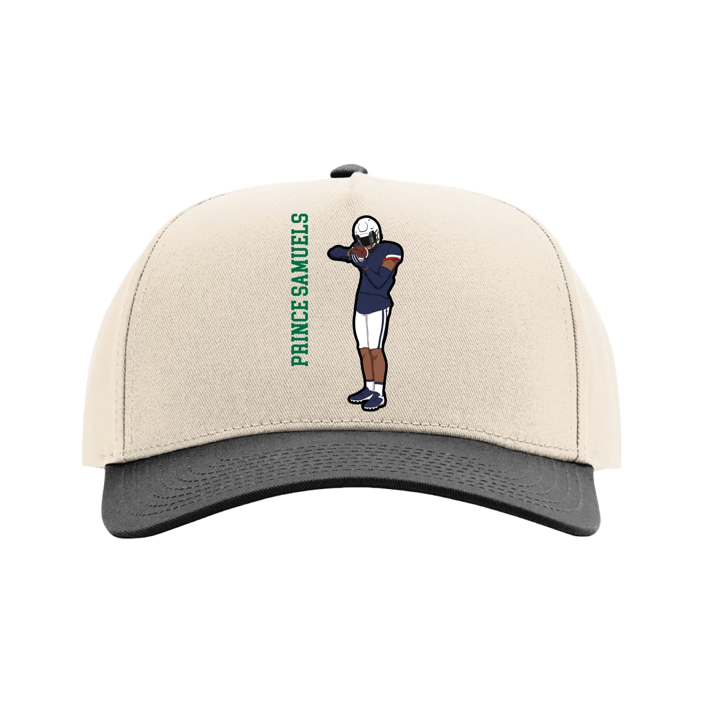 Full Fabric Five-Panel Champ Cap — Name Vertical in Cream/Black