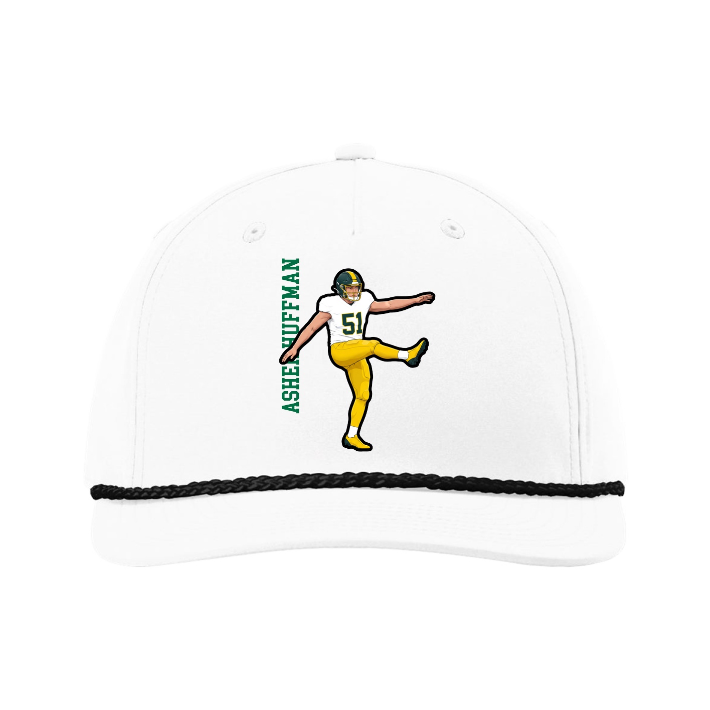 Five-Panel Classic Rope Cap — Name Vertical in White