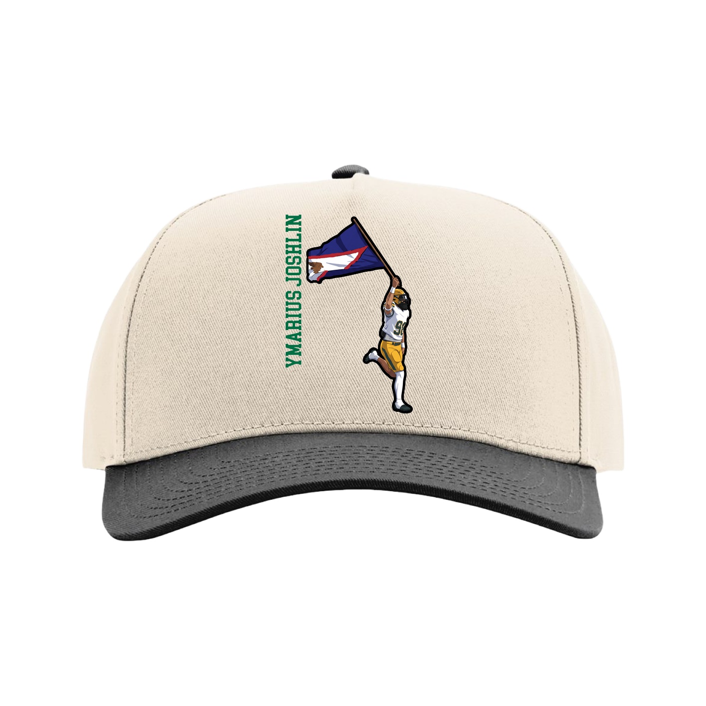 Full Fabric Five-Panel Champ Cap — Name Vertical in Cream/Black