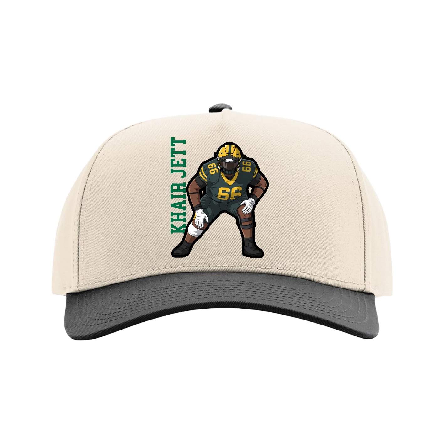 Full Fabric Five-Panel Champ Cap — Name Vertical in Cream/Black