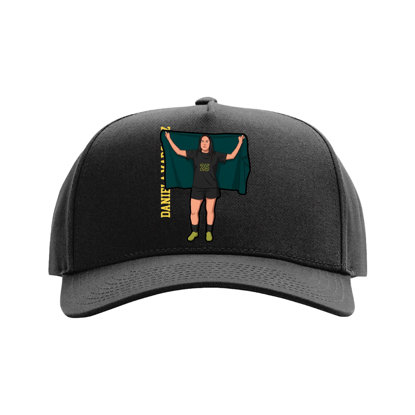 Full Fabric Five-Panel Champ Cap — Name Vertical in Black