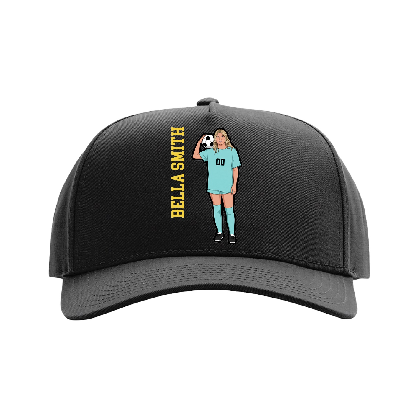Full Fabric Five-Panel Champ Cap — Name Vertical in Black