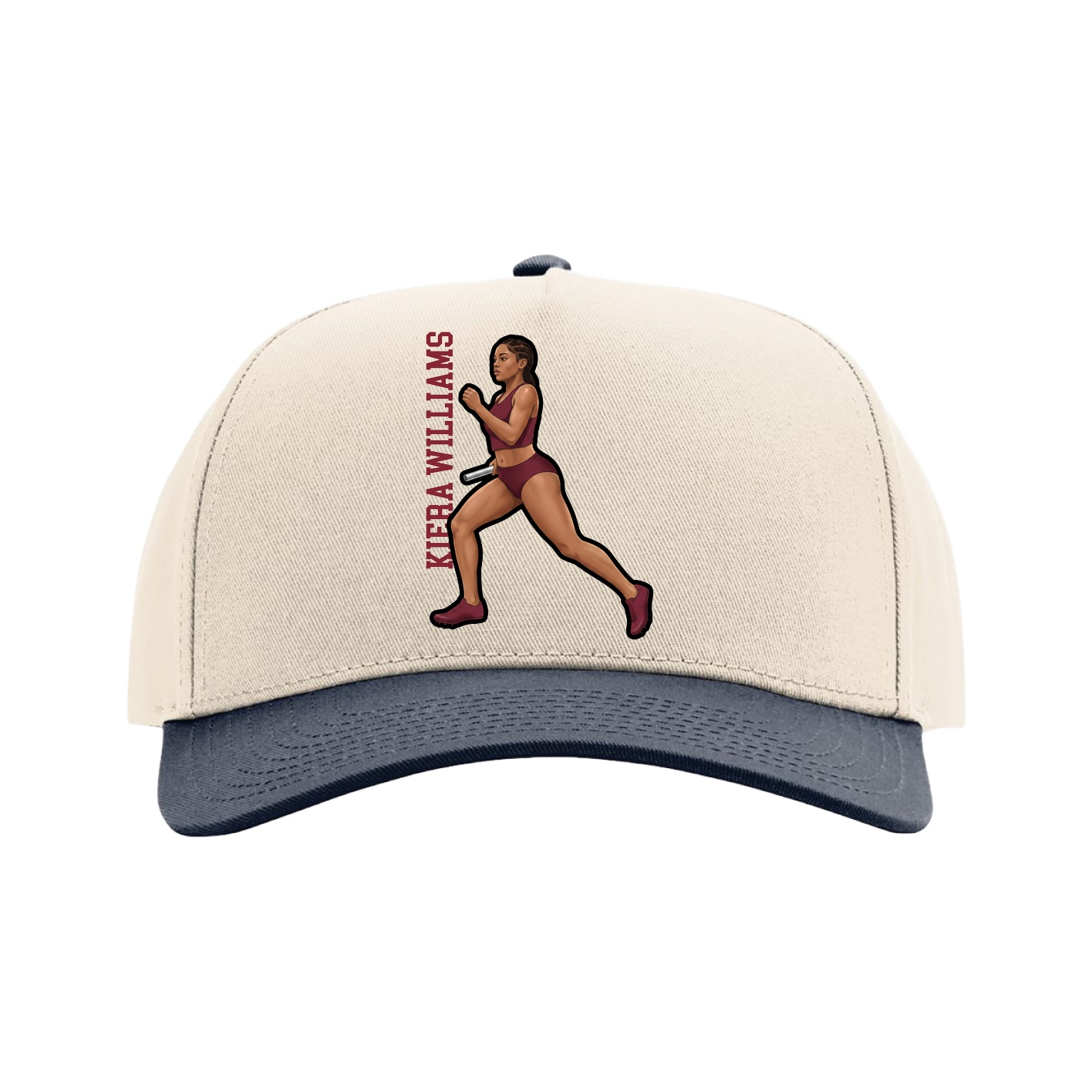 Full Fabric Five-Panel Champ Cap — Name Vertical in Cream/Navy