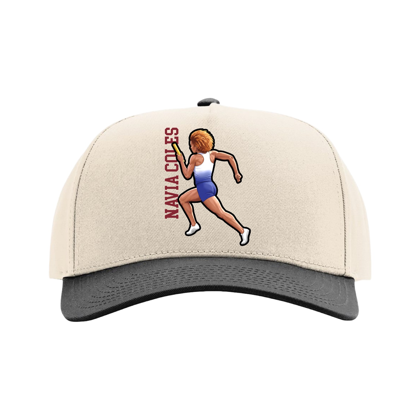 Full Fabric Five-Panel Champ Cap — Name Vertical in Cream/Black