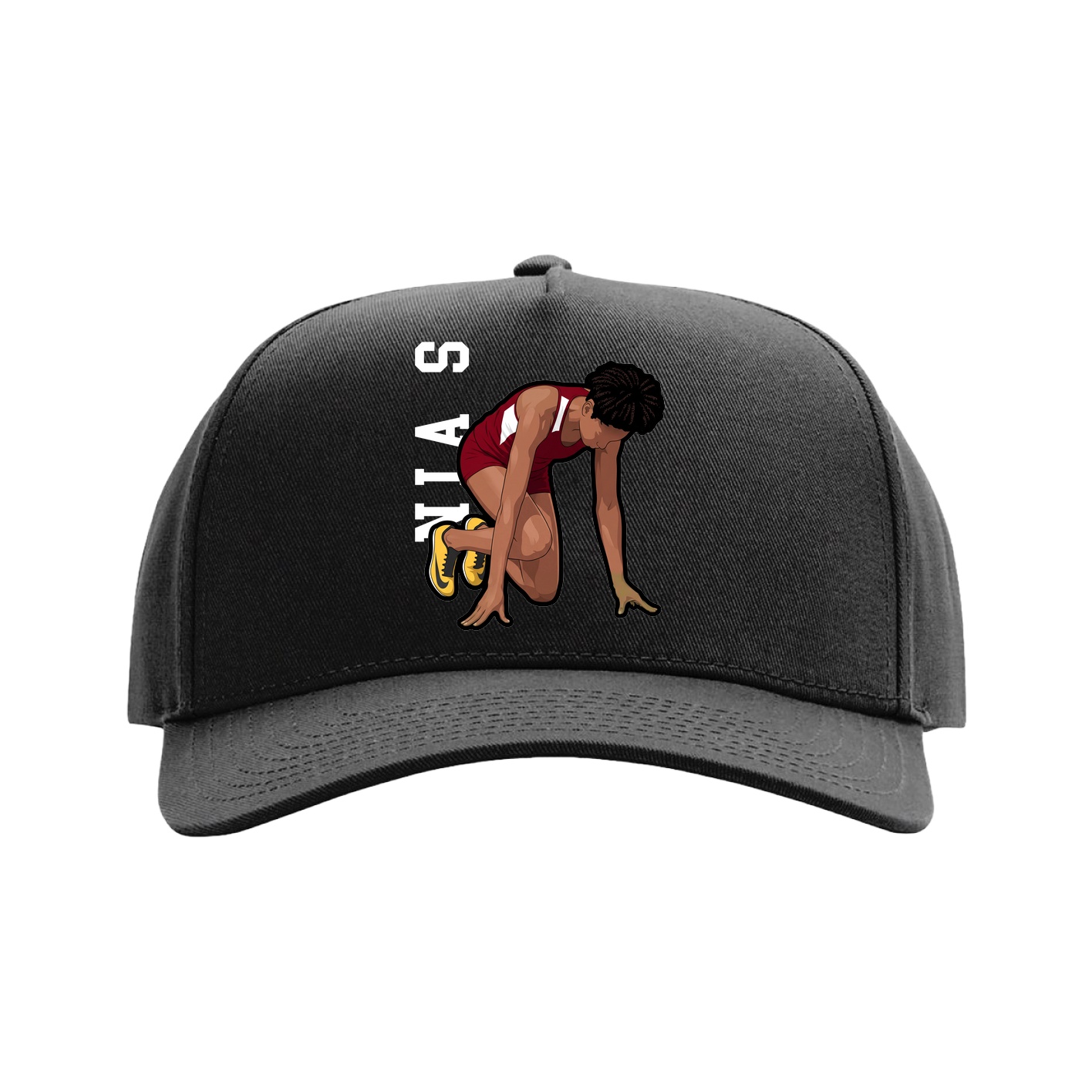 Full Fabric Five-Panel Champ Cap — Name Vertical in Black