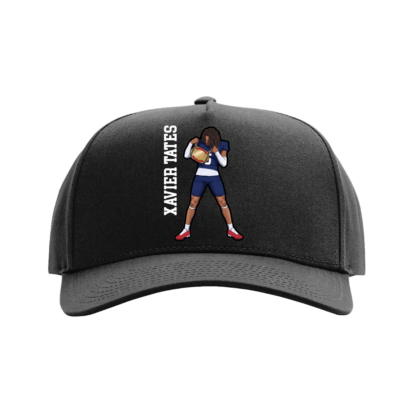 Full Fabric Five-Panel Champ Cap — Name Vertical in Black