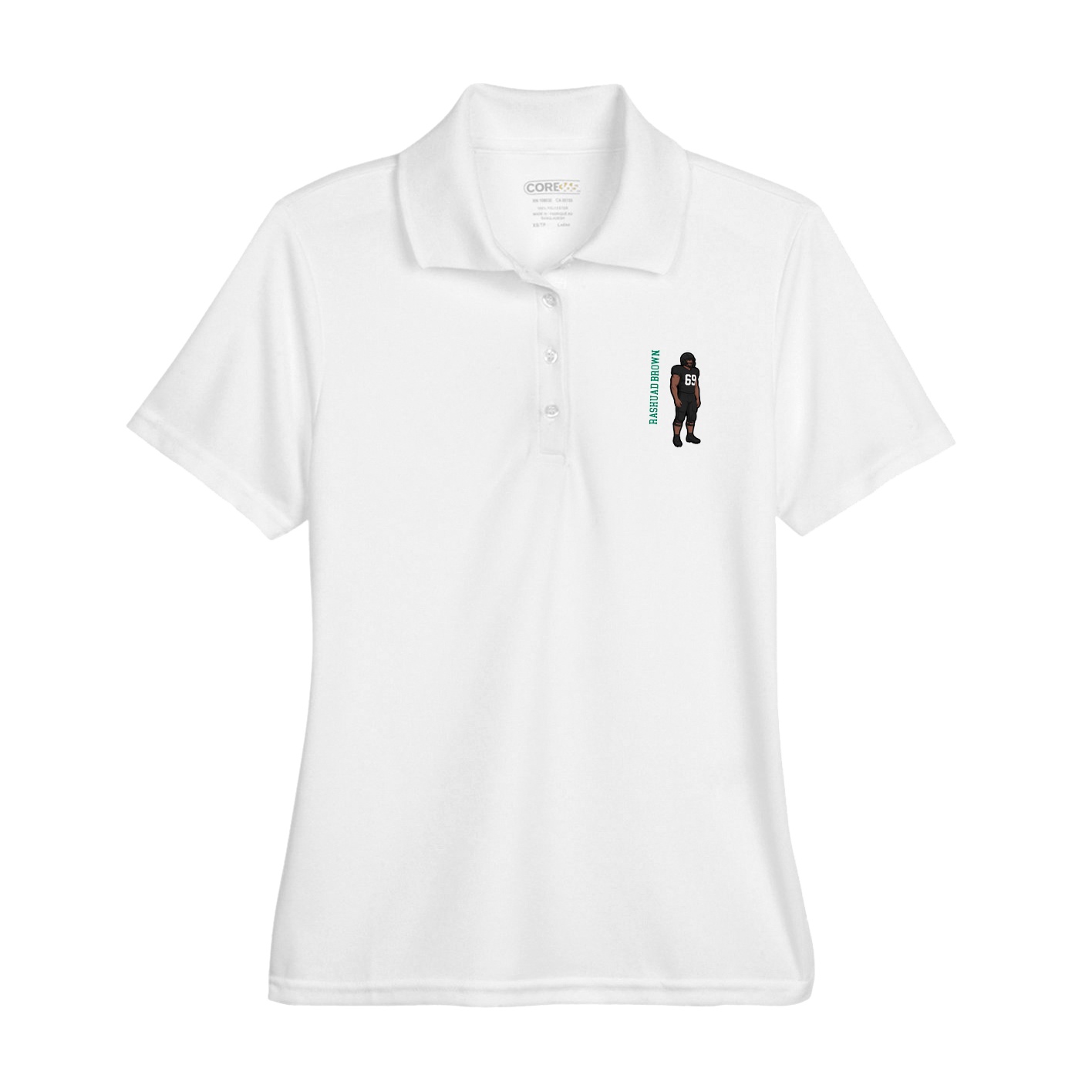 Womens Performance Polo — Name Vertical in White