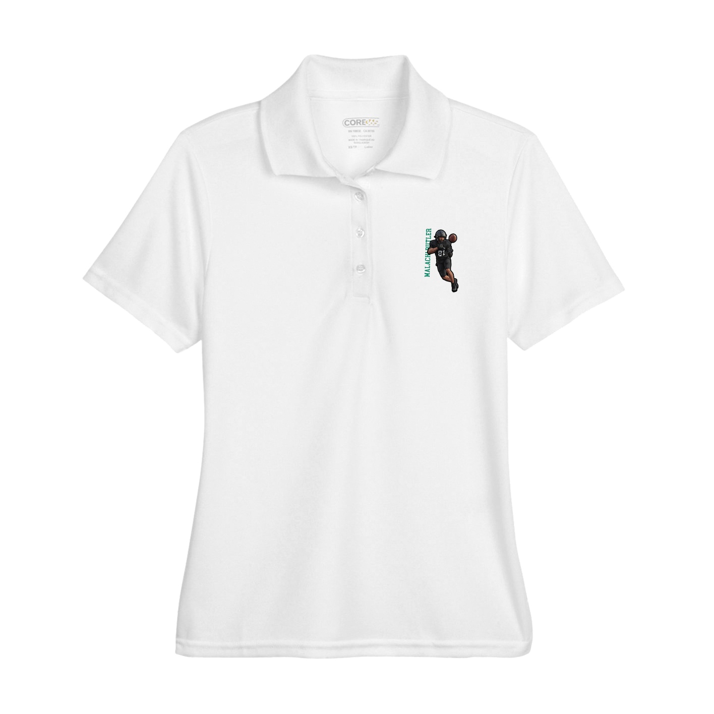 Womens Performance Polo — Name Vertical in White