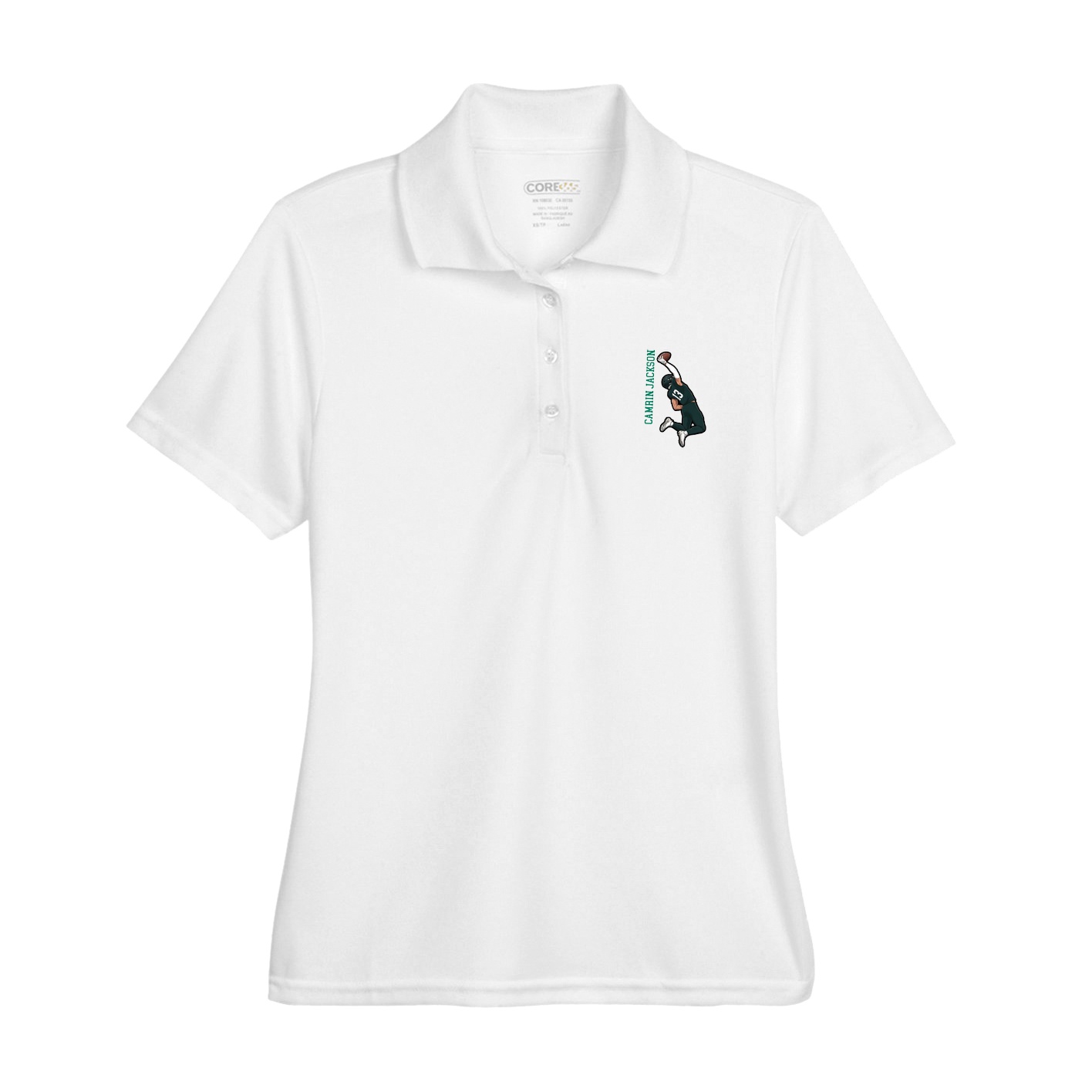 Womens Performance Polo — Name Vertical in White
