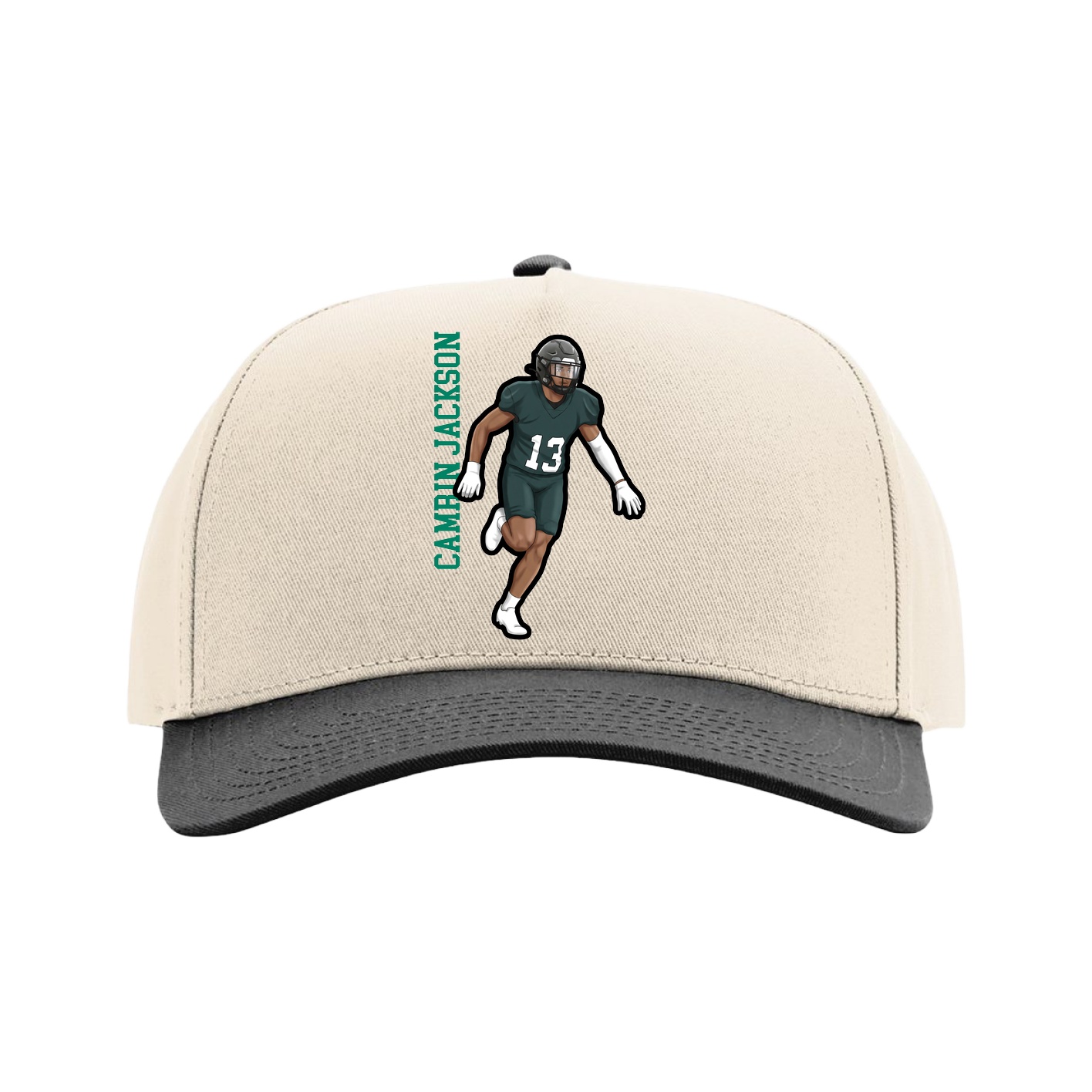 Full Fabric Five-Panel Champ Cap — Name Vertical in Cream/Black
