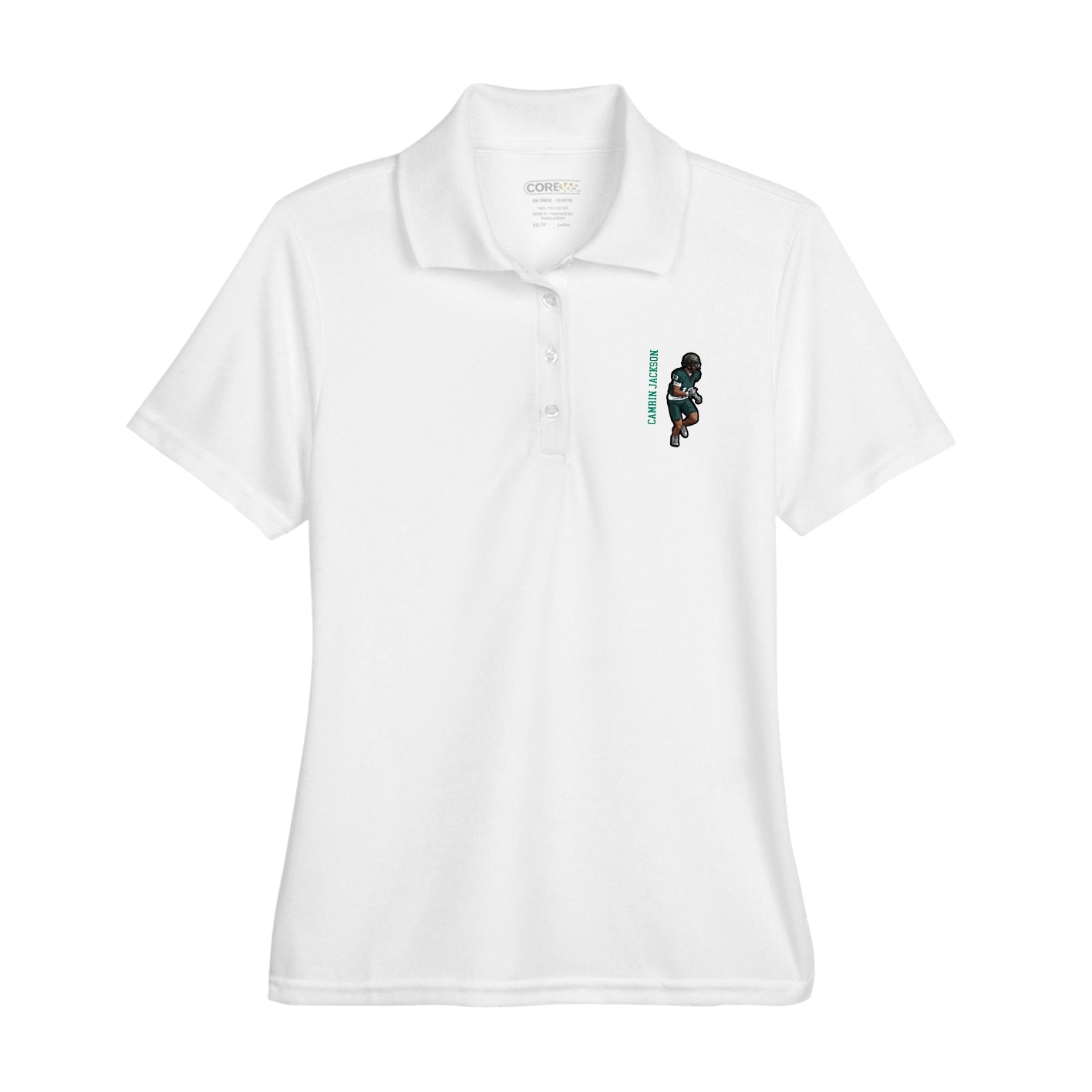 Womens Performance Polo — Name Vertical in White