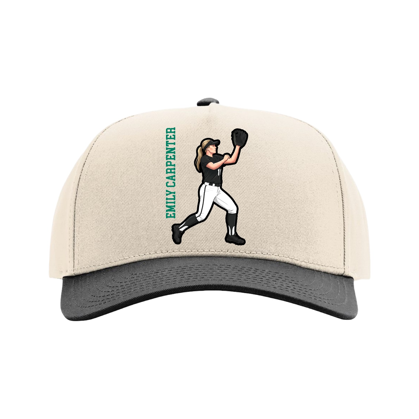 Full Fabric Five-Panel Champ Cap — Name Vertical in Cream/Black