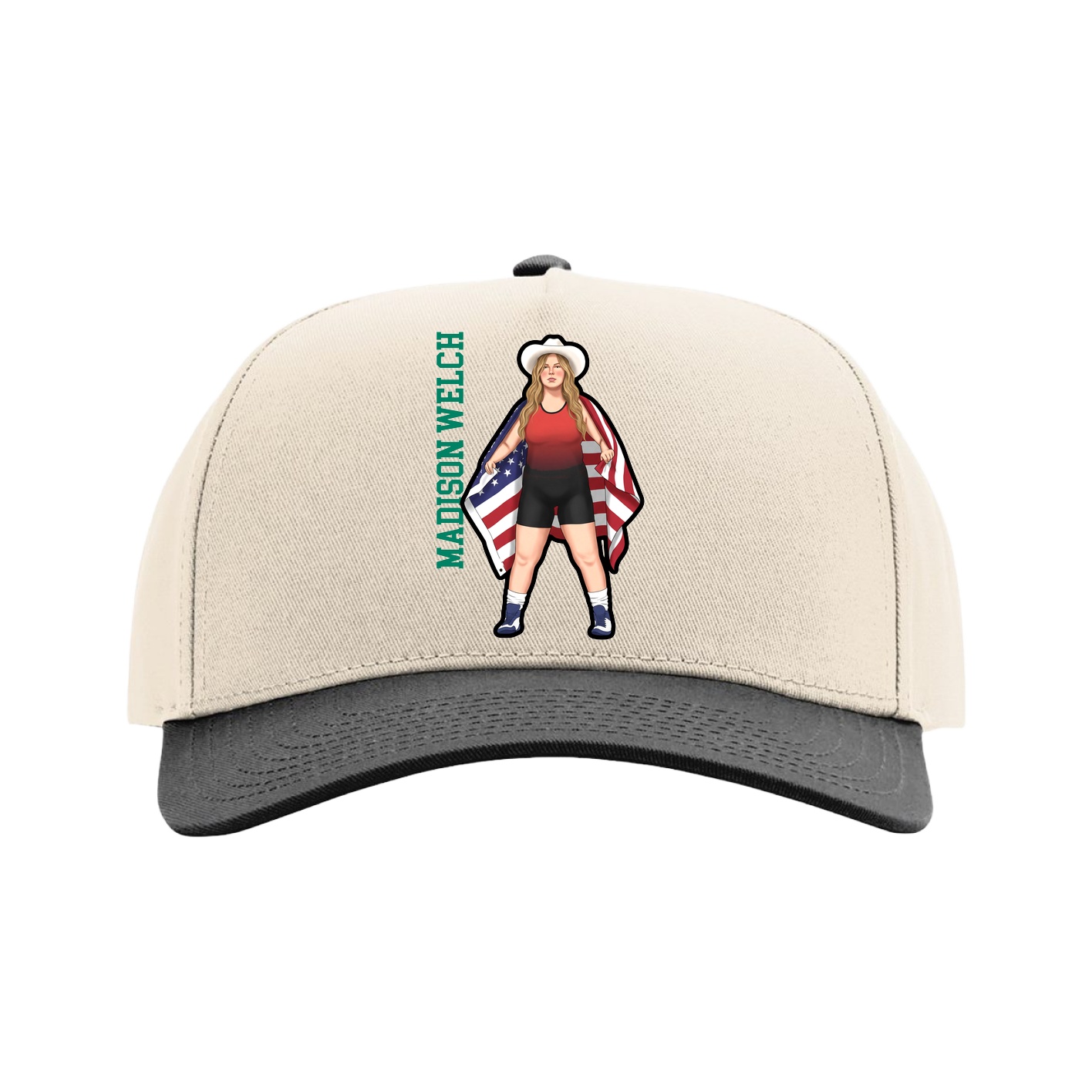 Full Fabric Five-Panel Champ Cap — Name Vertical in Cream/Black