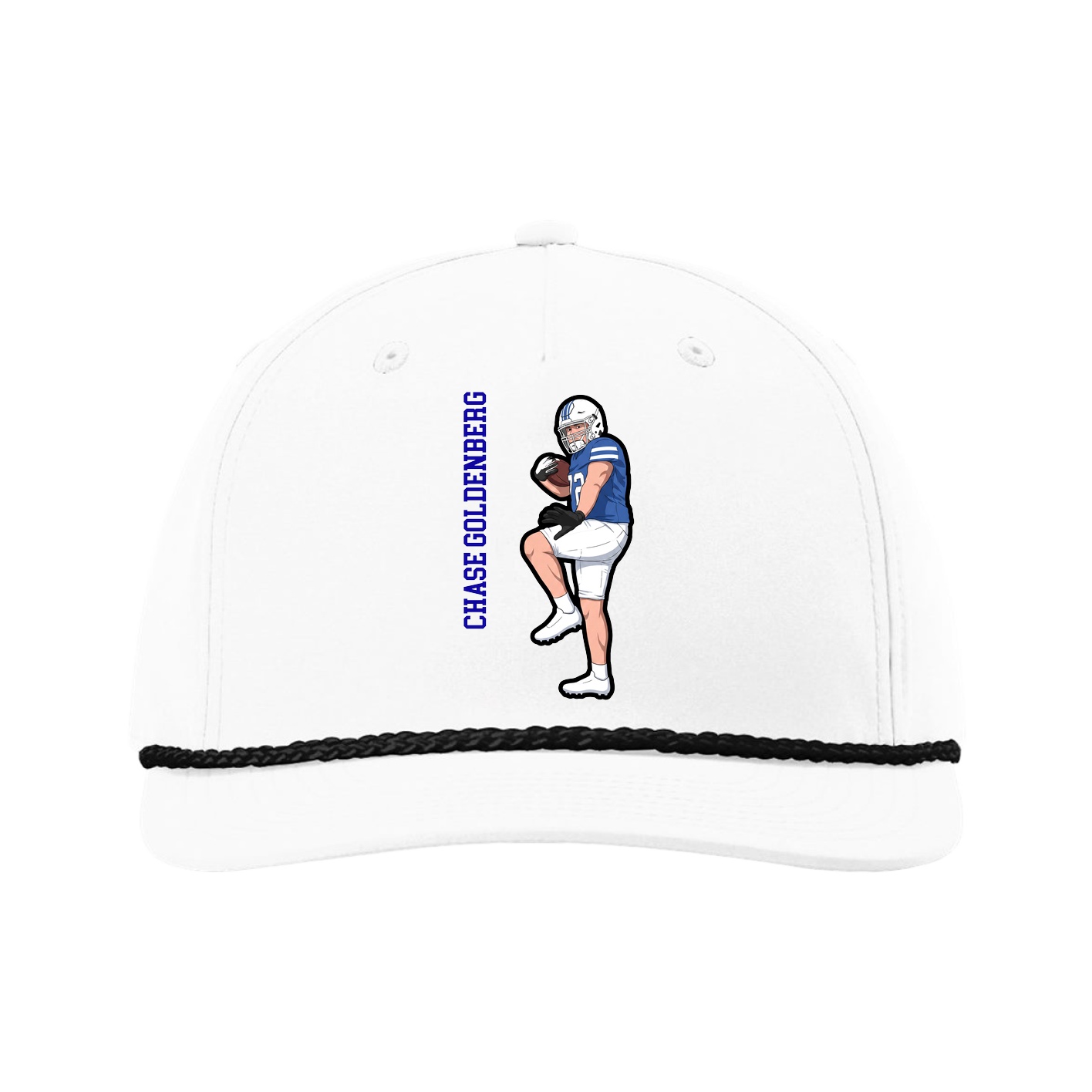 Five-Panel Classic Rope Cap — Name Vertical in White