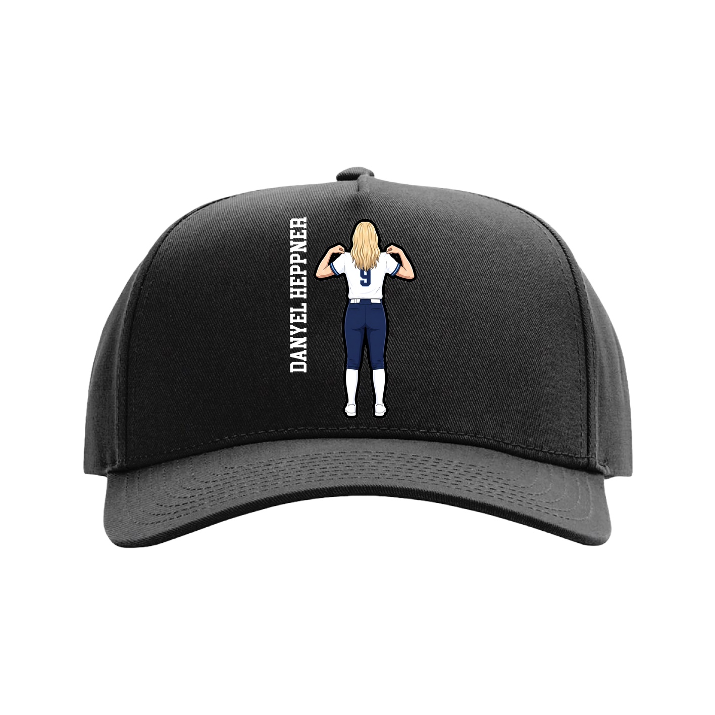Full Fabric Five-Panel Champ Cap — Name Vertical in Black