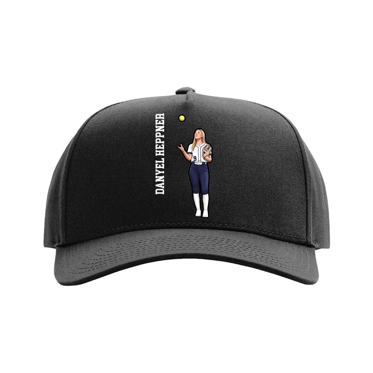 Full Fabric Five-Panel Champ Cap — Name Vertical in Black
