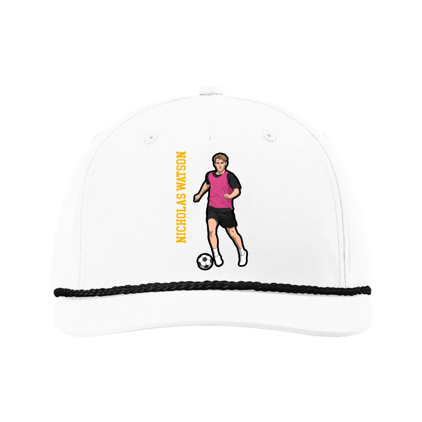 Five-Panel Classic Rope Cap — Name Vertical in White