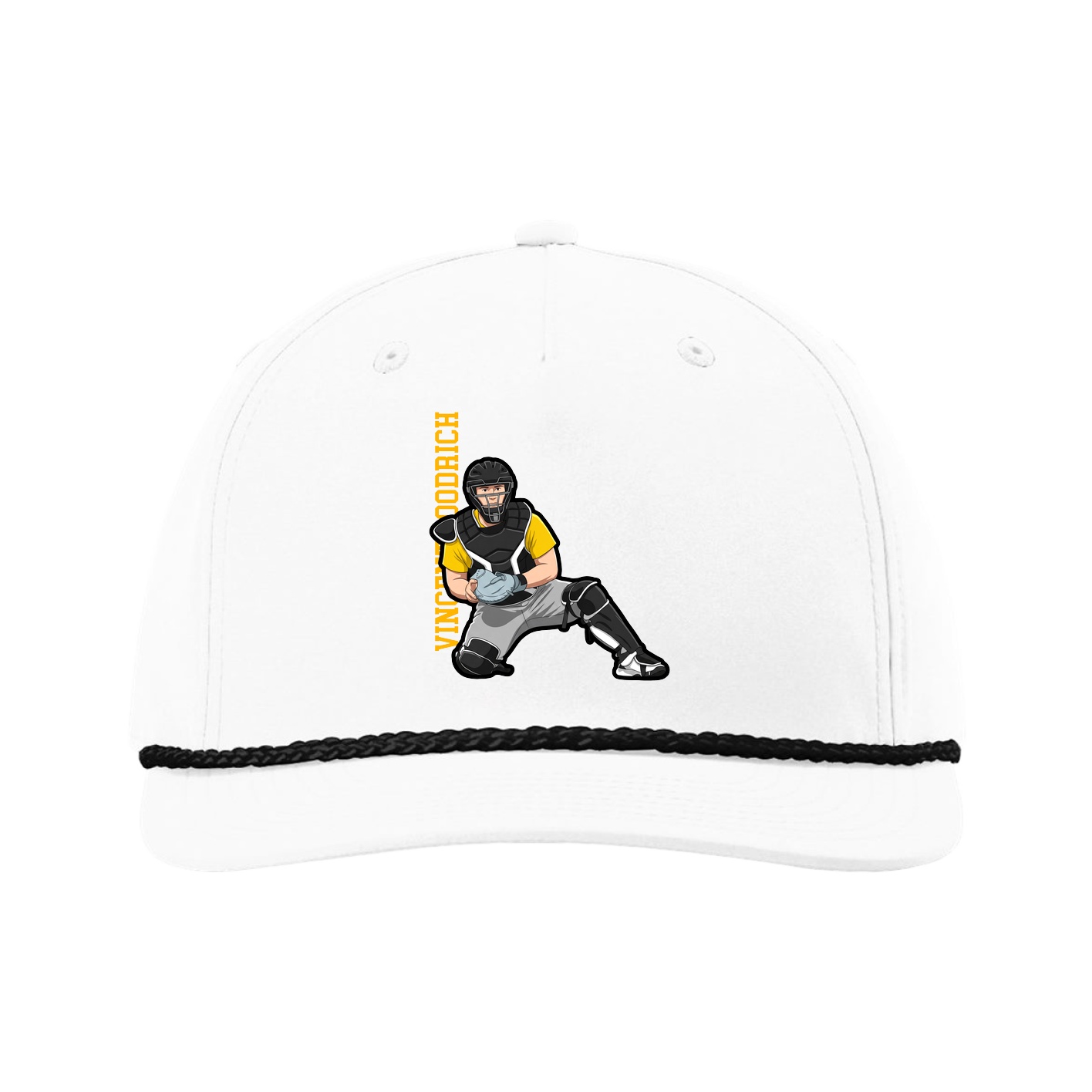 Five-Panel Classic Rope Cap — Name Vertical in White