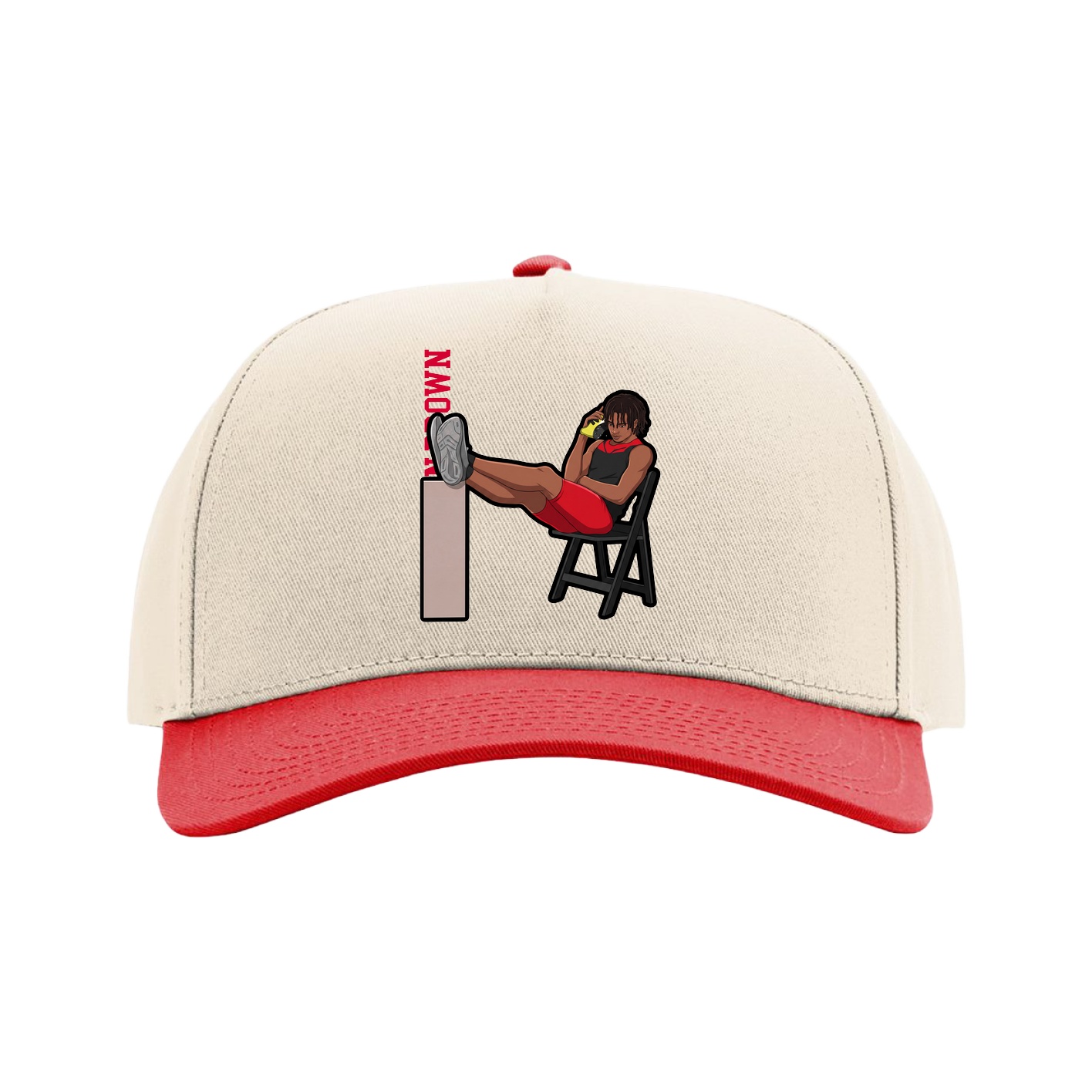 Full Fabric Five-Panel Champ Cap — Name Vertical in Cream/Red