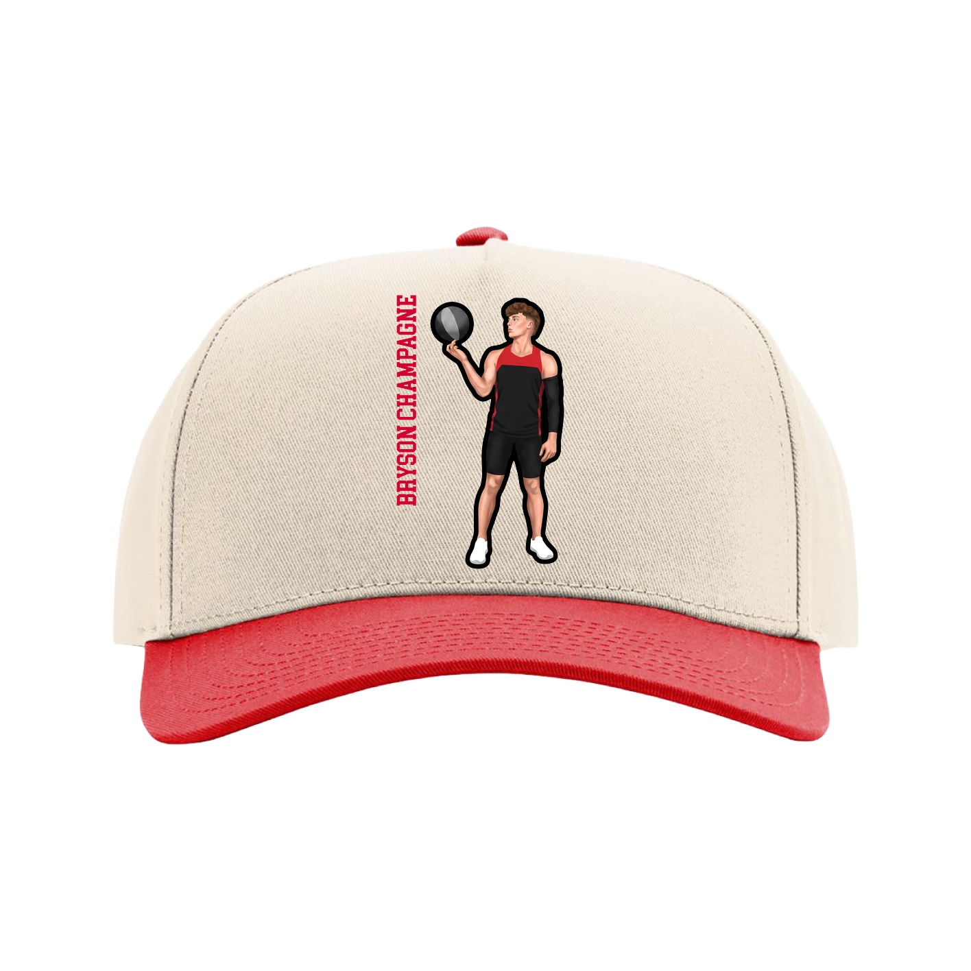 Full Fabric Five-Panel Champ Cap — Name Vertical in Cream/Red