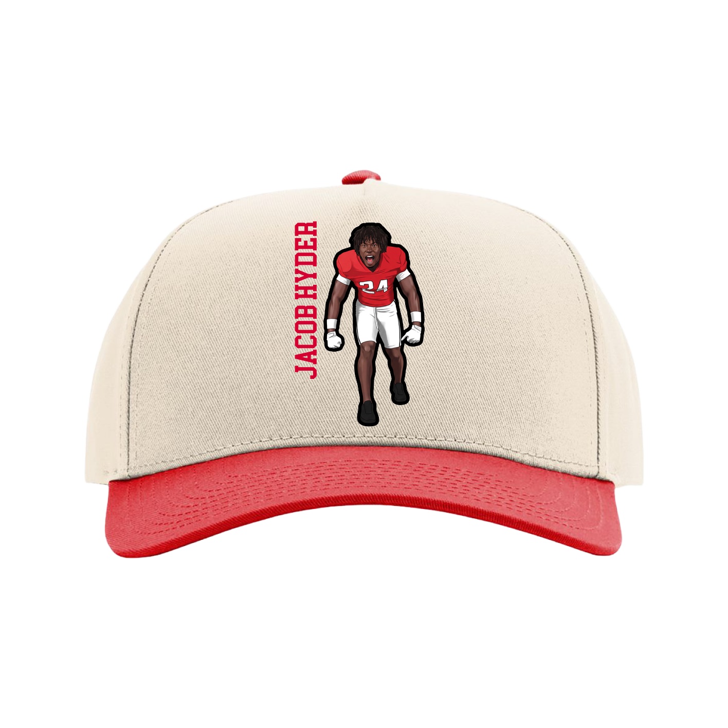 Full Fabric Five-Panel Champ Cap — Name Vertical in Cream/Red
