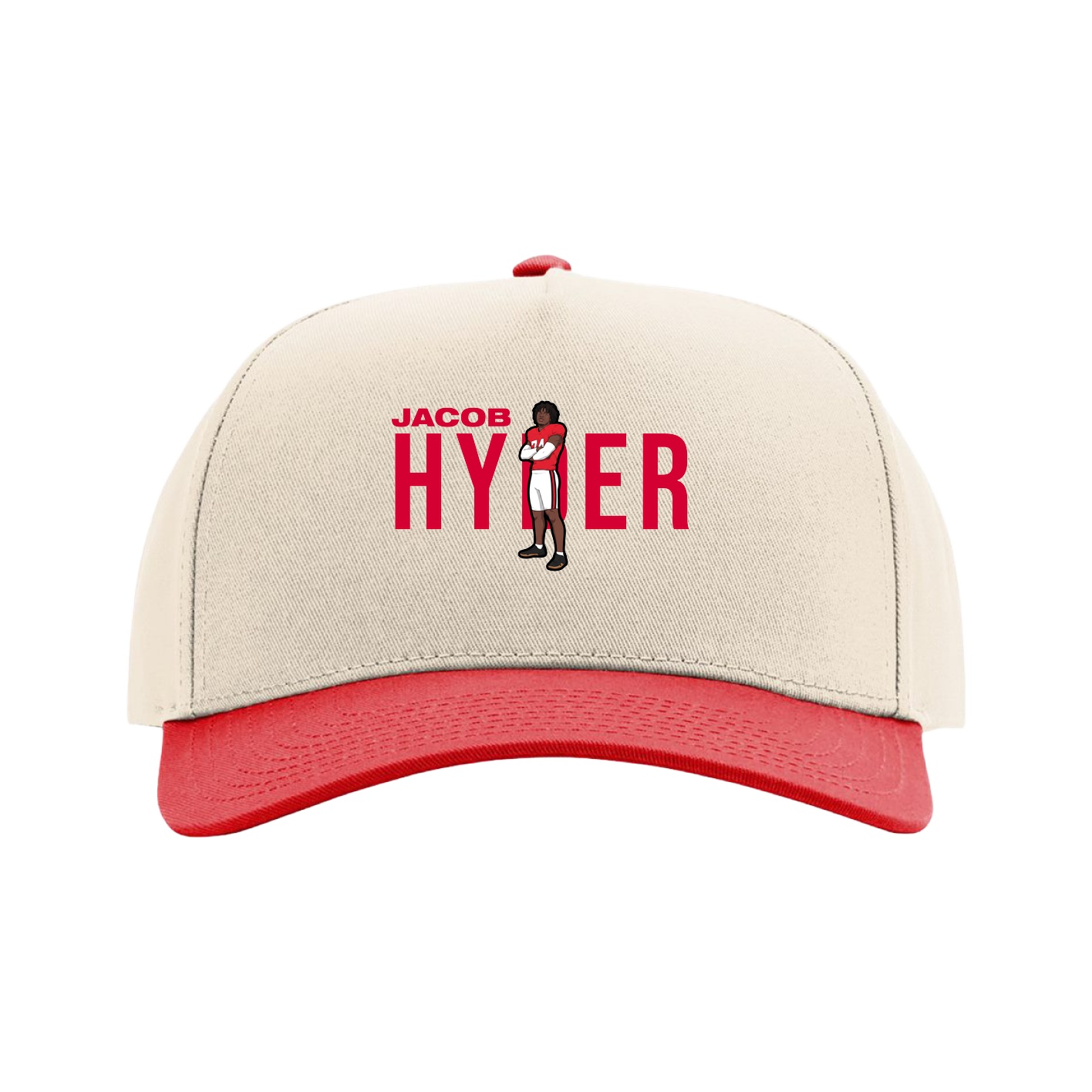 Full Fabric Five-Panel Champ Cap — Player Name in Cream/Red