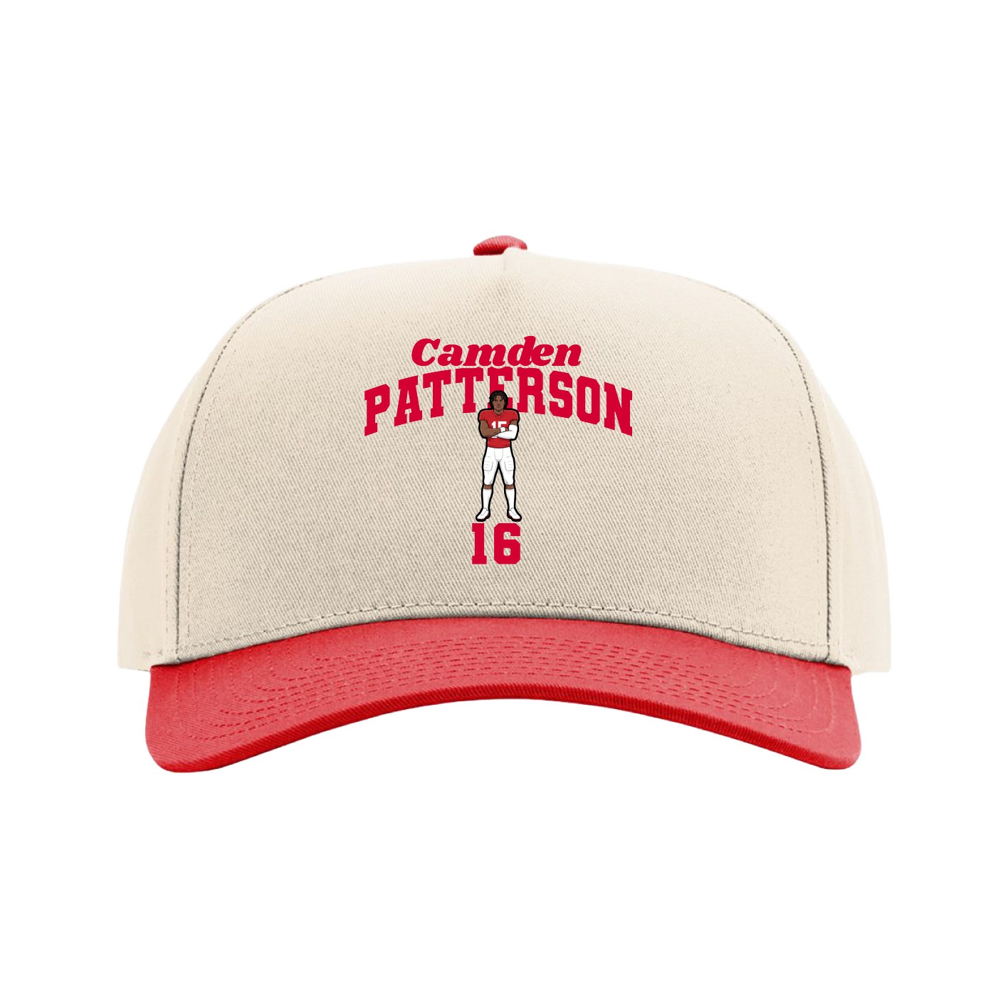 Full Fabric Five-Panel Champ Cap — Signature Arch in Cream/Red