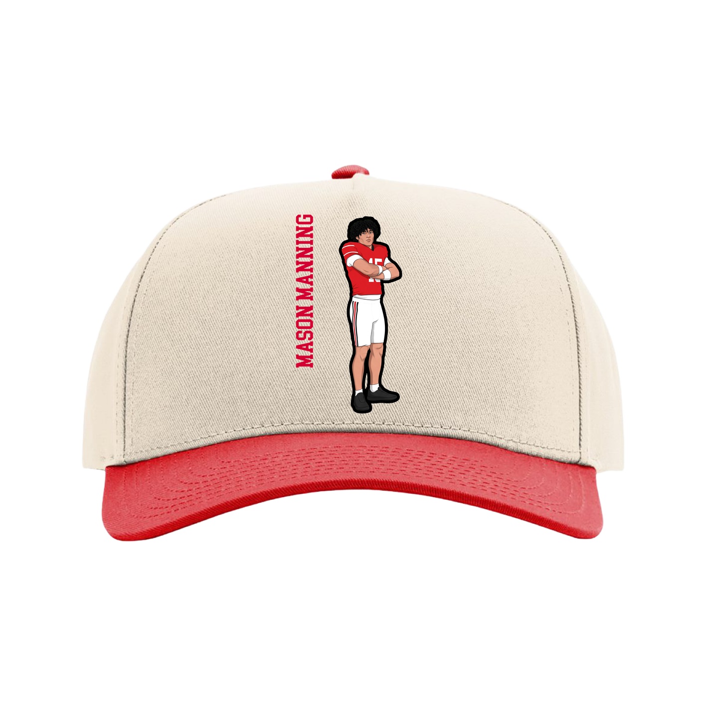 Full Fabric Five-Panel Champ Cap — Name Vertical in Cream/Red