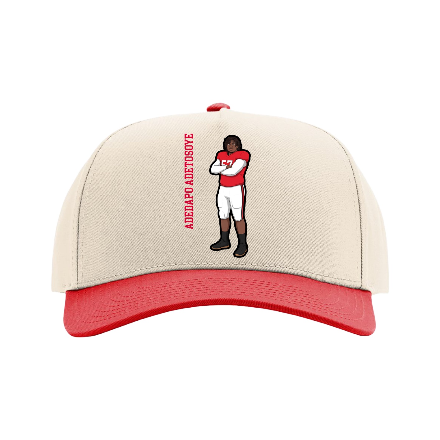 Full Fabric Five-Panel Champ Cap — Name Vertical in Cream/Red