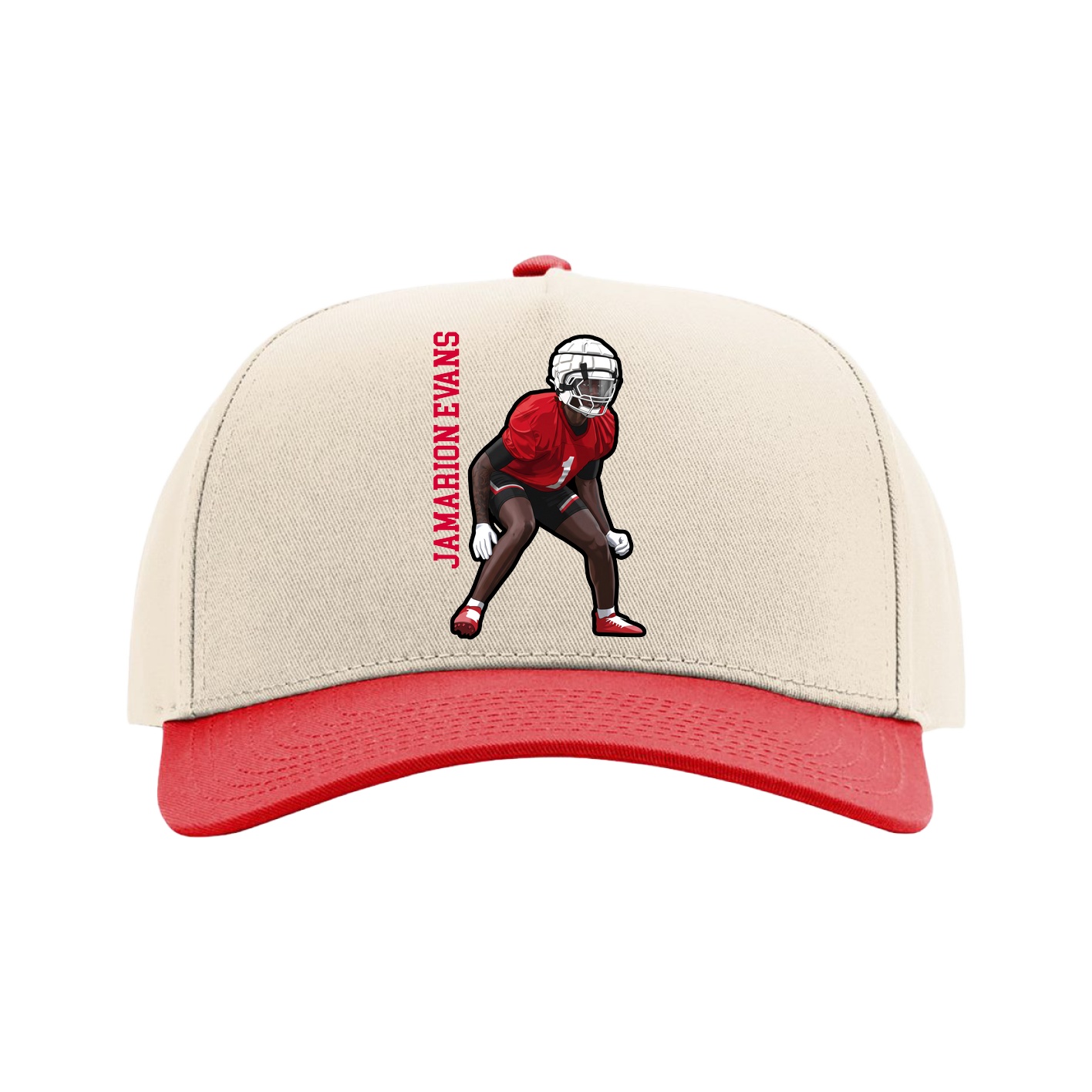 Full Fabric Five-Panel Champ Cap — Name Vertical in Cream/Red