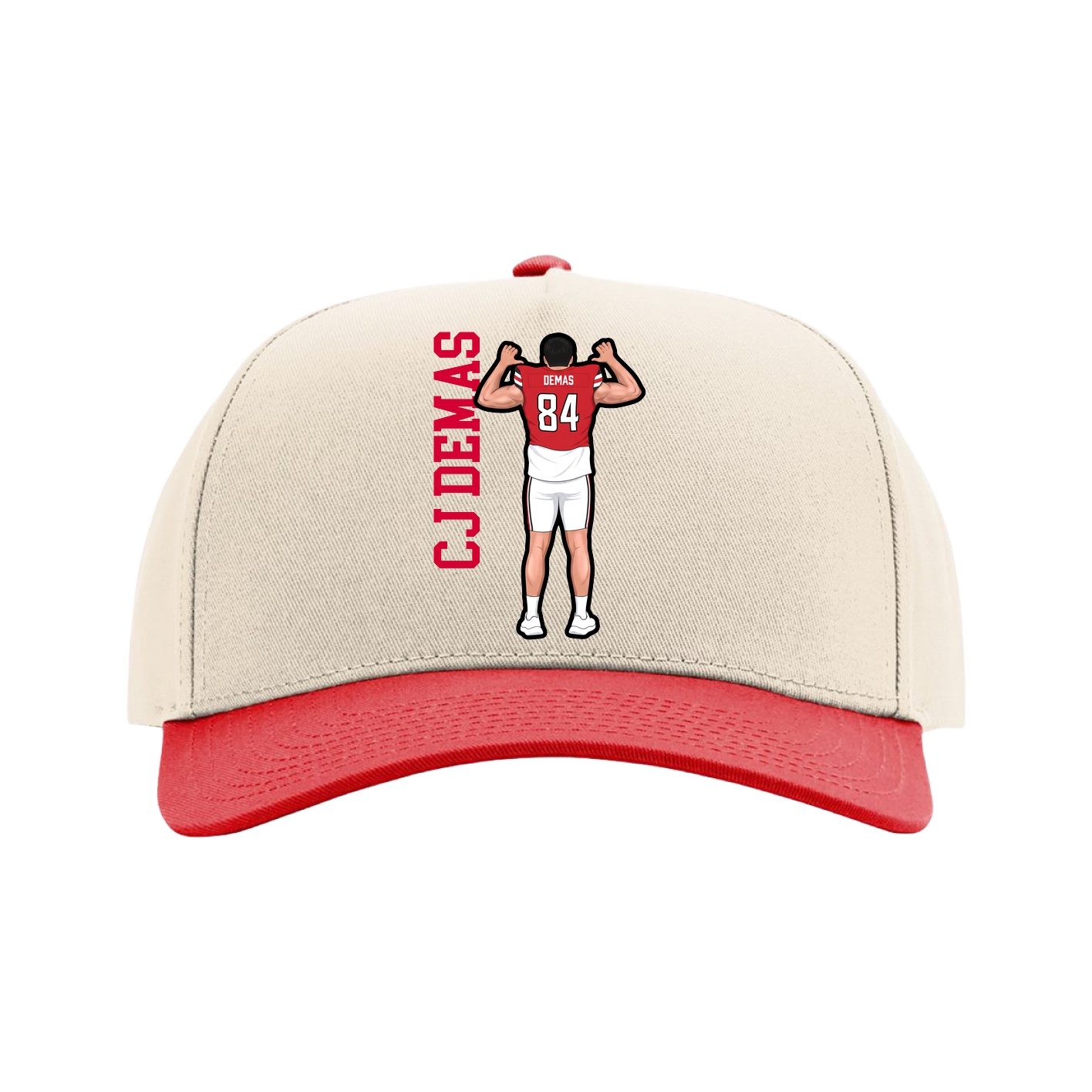 Full Fabric Five-Panel Champ Cap — Name Vertical in Cream/Red