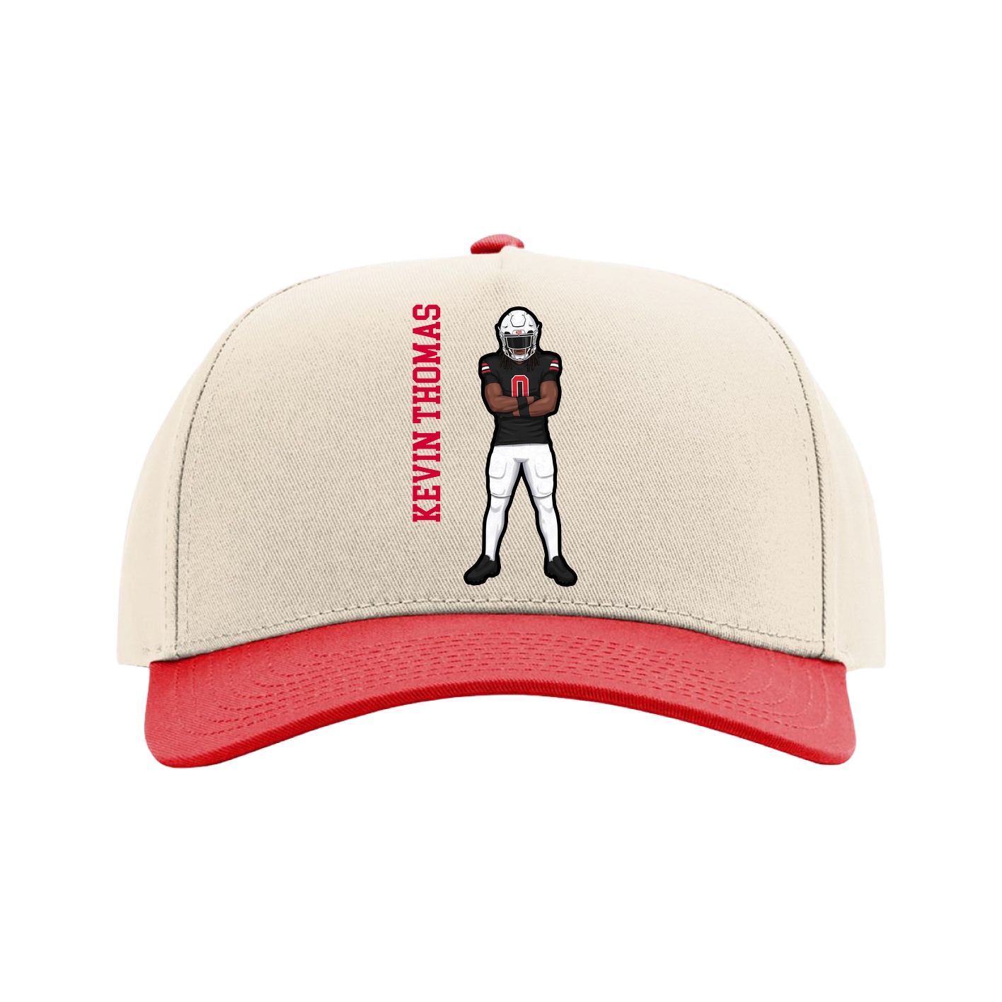 Full Fabric Five-Panel Champ Cap — Name Vertical in Cream/Red
