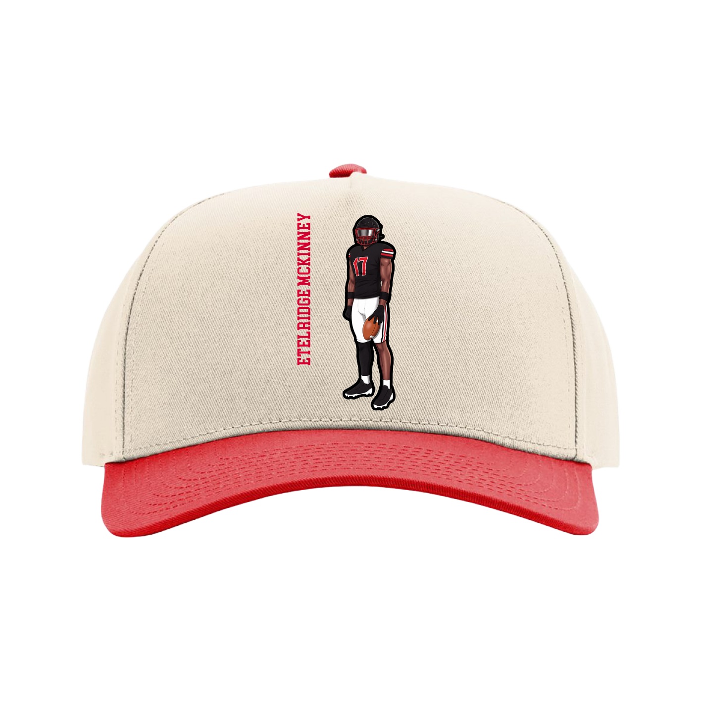 Full Fabric Five-Panel Champ Cap — Name Vertical in Cream/Red