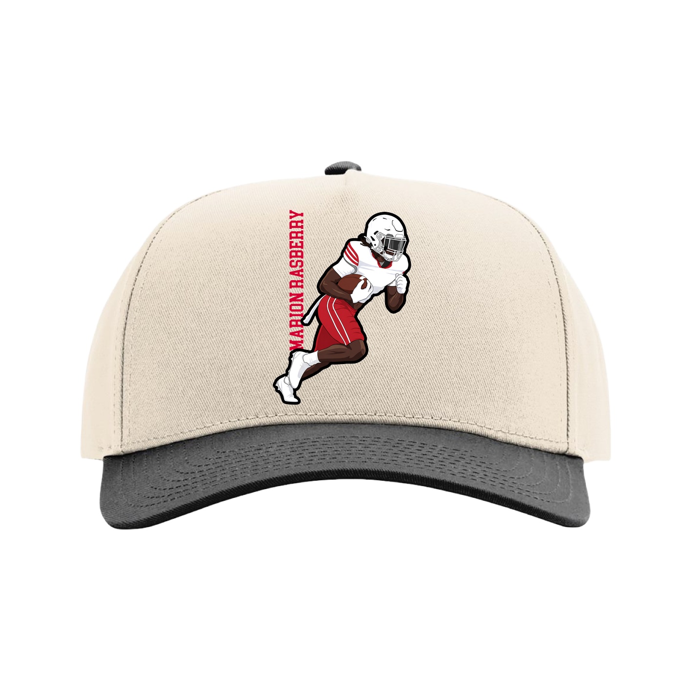 Full Fabric Five-Panel Champ Cap — Name Vertical in Cream/Black