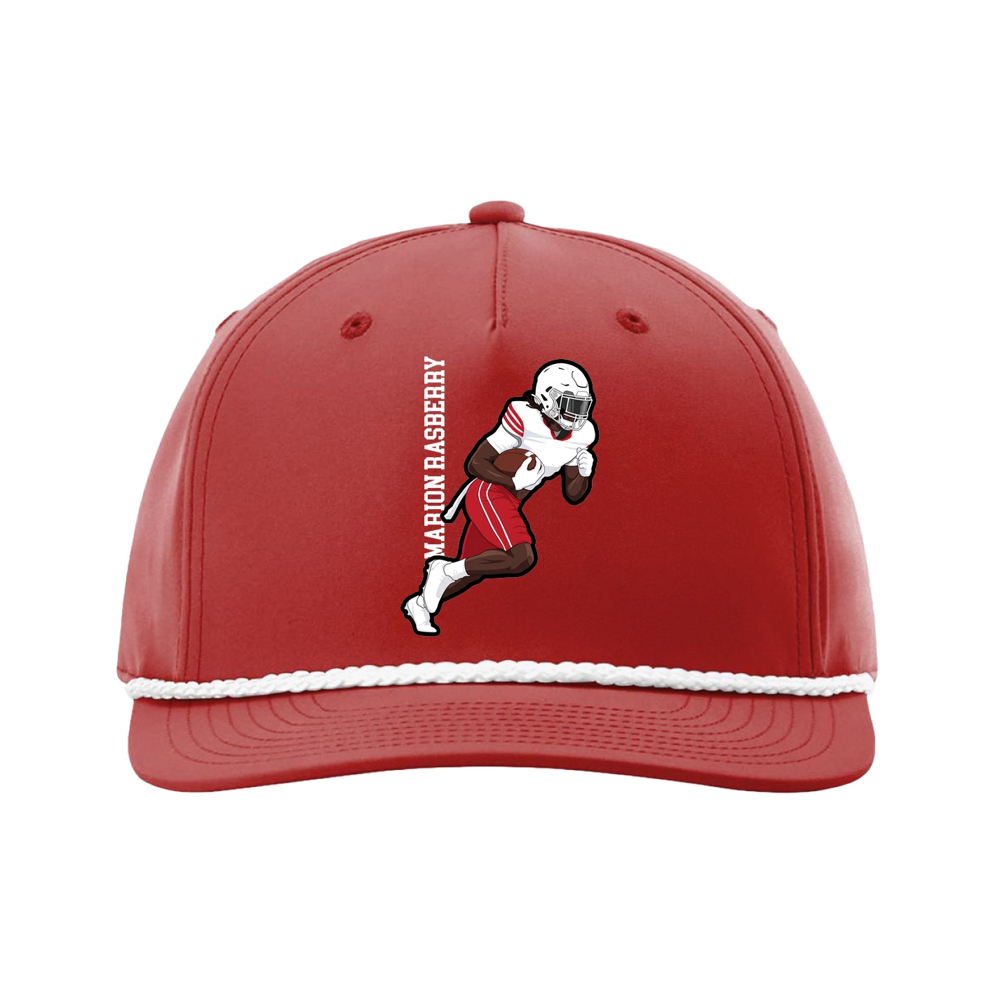 Five-Panel Classic Rope Cap — Name Vertical in Red