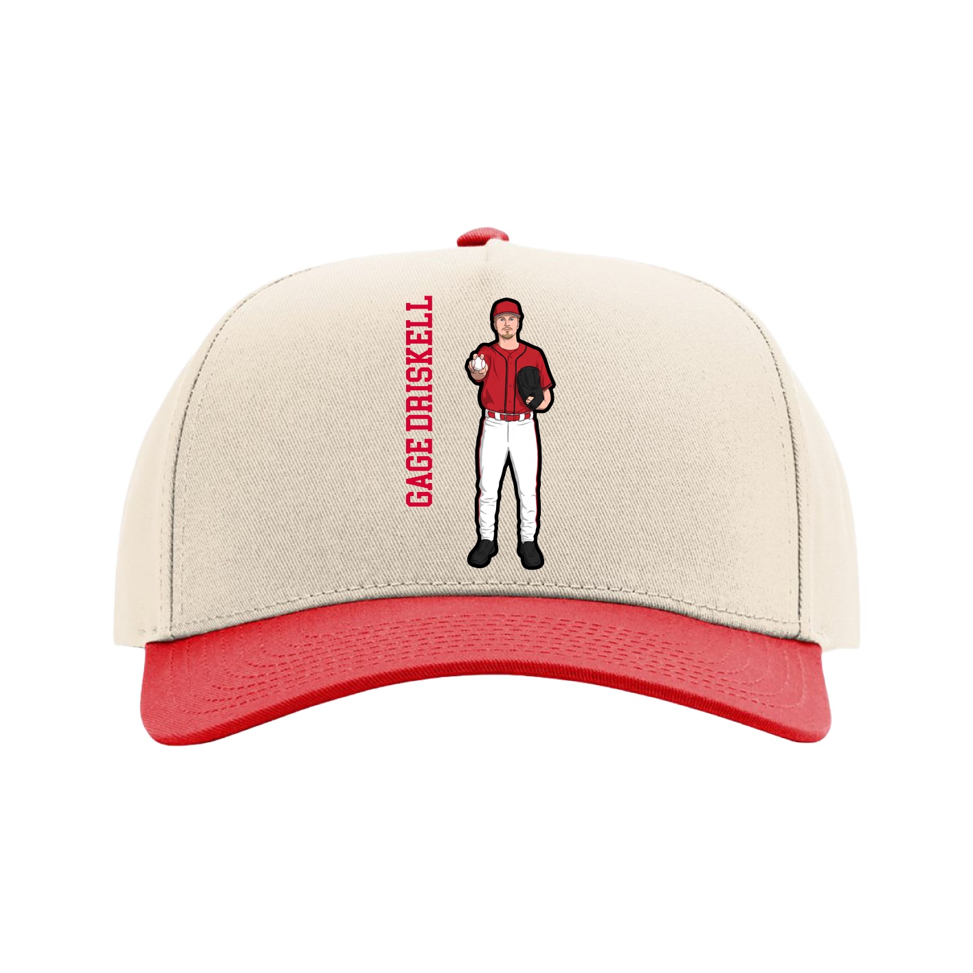 Full Fabric Five-Panel Champ Cap — Name Vertical in Cream/Red