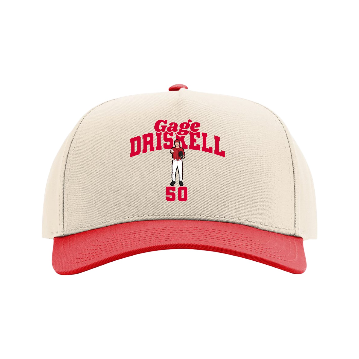 Full Fabric Five-Panel Champ Cap — Signature Arch in Cream/Red