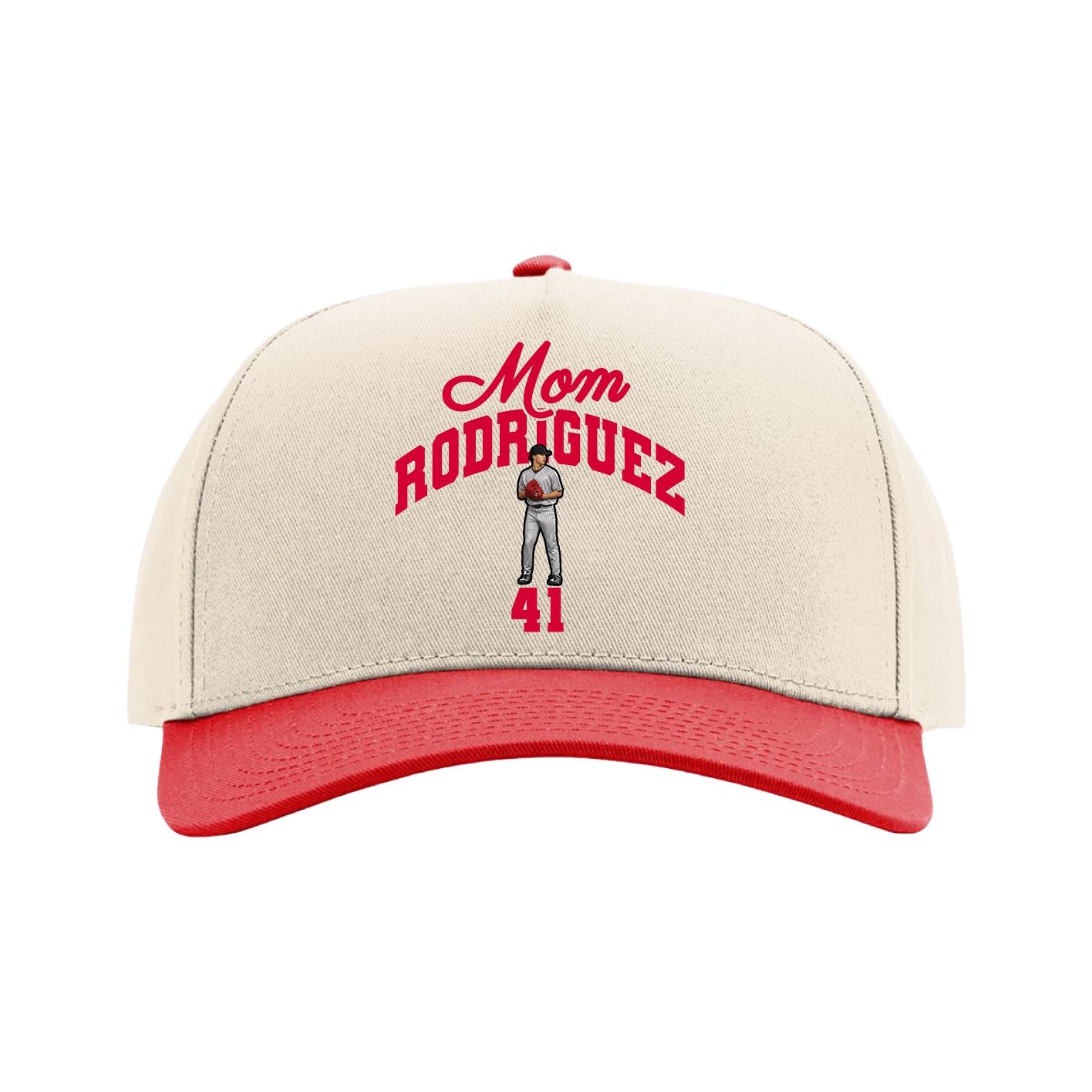 Full Fabric Five-Panel Champ Cap — Mothers Day Arch in Cream/Red
