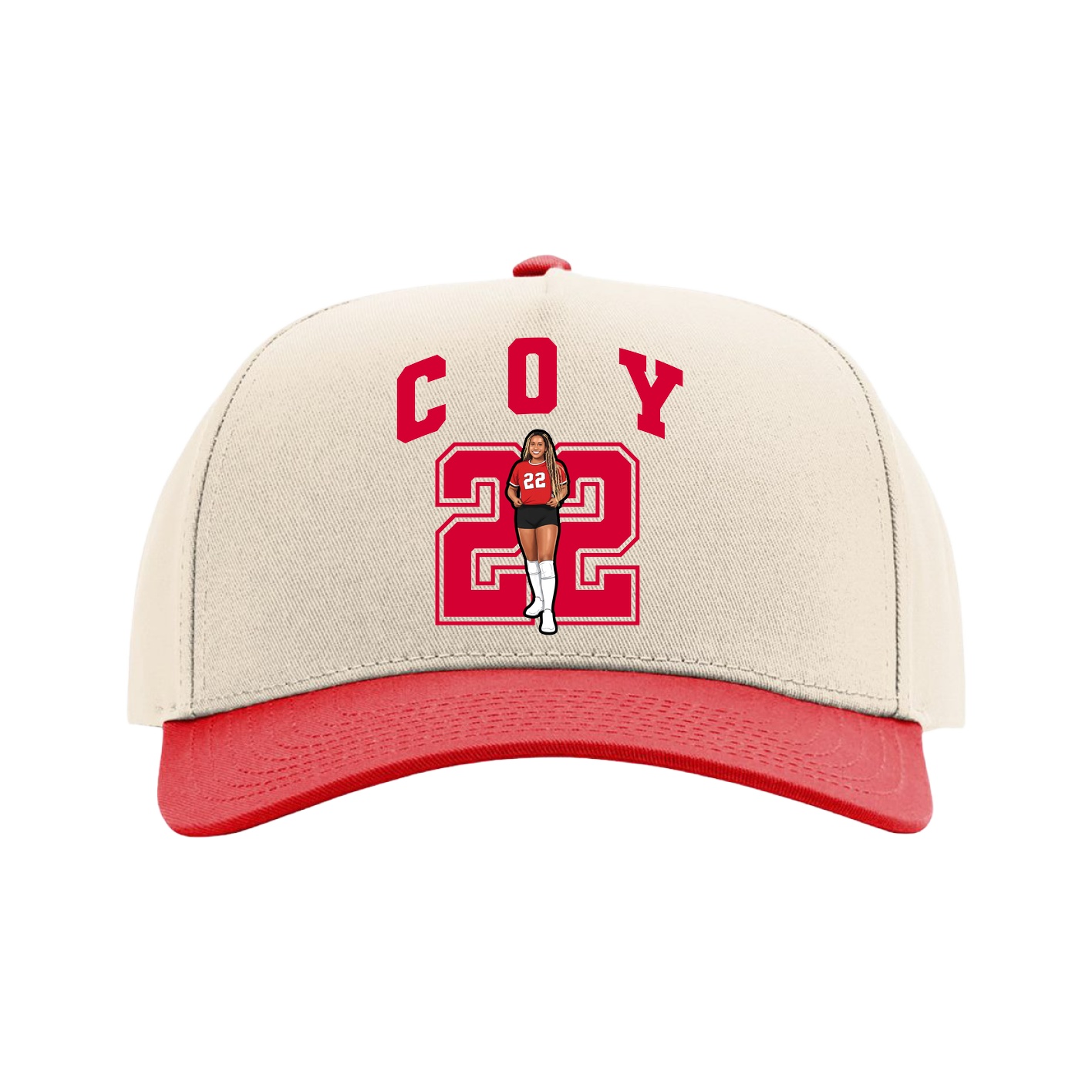 Full Fabric Five-Panel Champ Cap — Number in Cream/Red