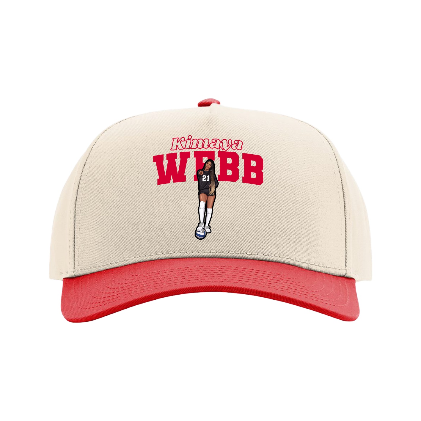 Full Fabric Five-Panel Champ Cap — Name Arch in Cream/Red
